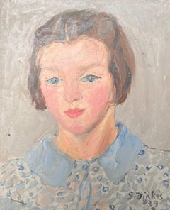 1930's French Impressionist Oil Portrait of Young Lady Pretty Blue Blouse