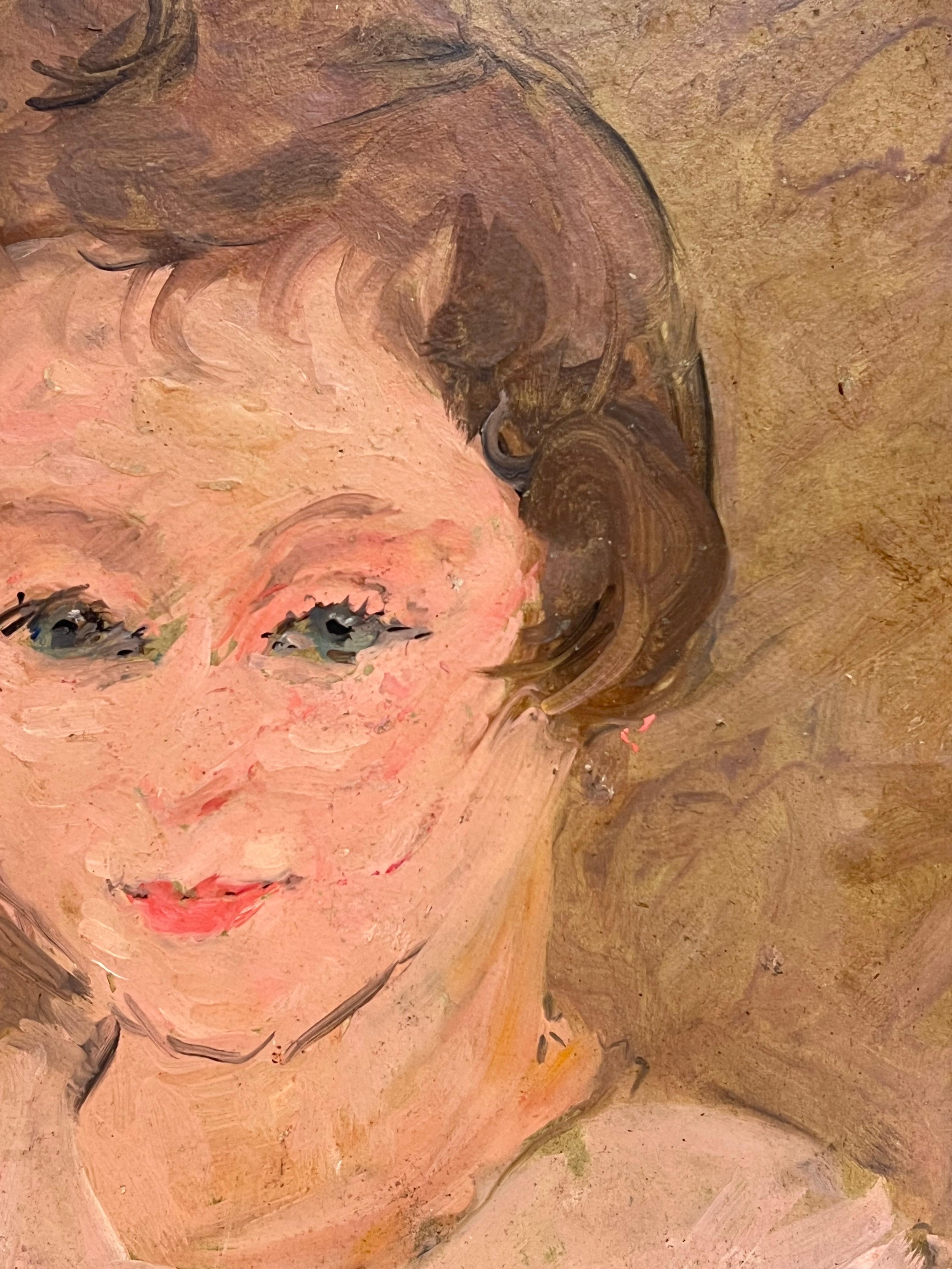 Pittura a olio francese del 1930 Ritratto di donna su due lati - Figurative Painting Marrone di Suzanne Dinkes