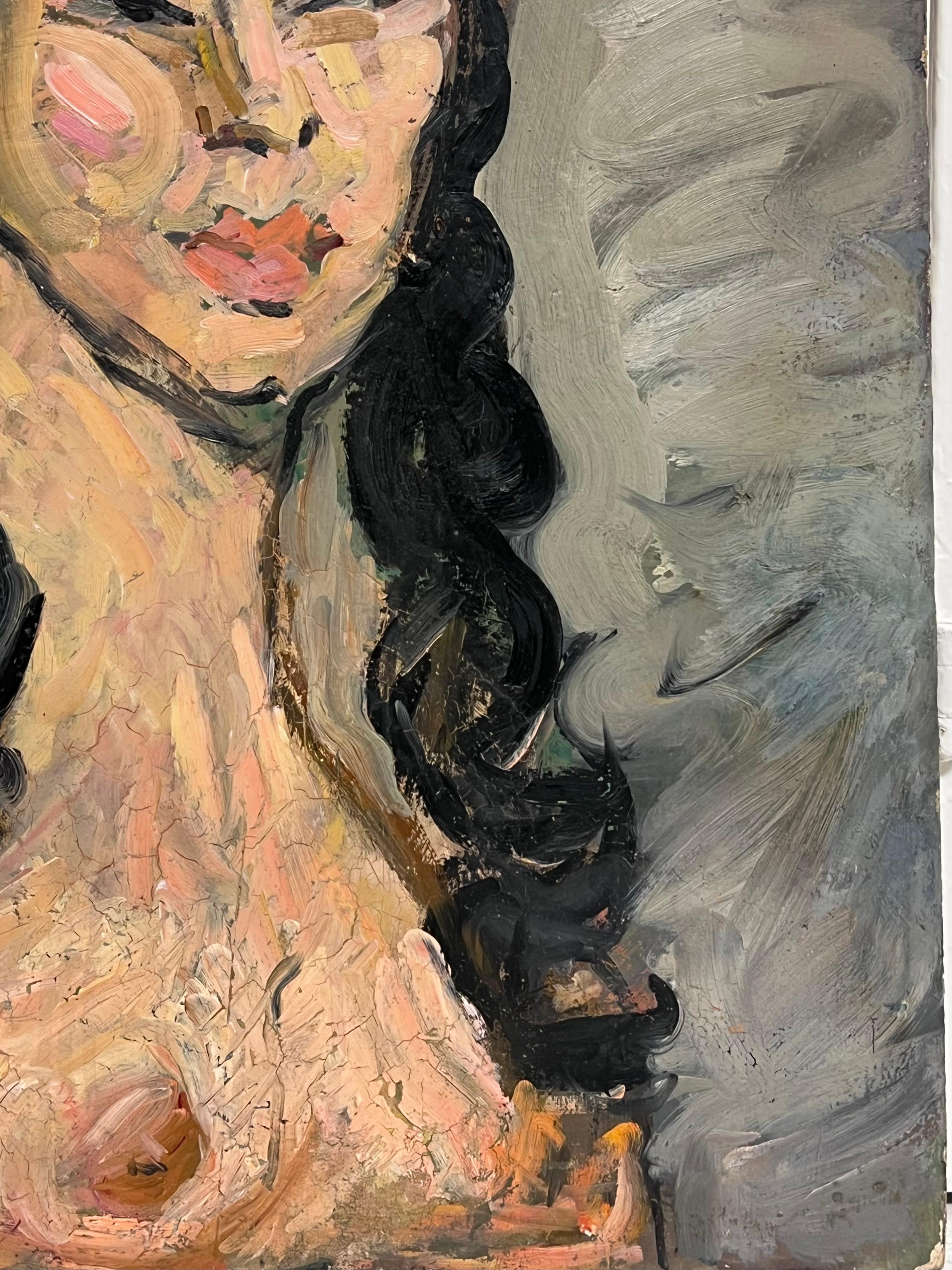 Pittura a olio francese post impressionista del 1930 Ritratto di donna nuda con capelli lunghi in vendita 5