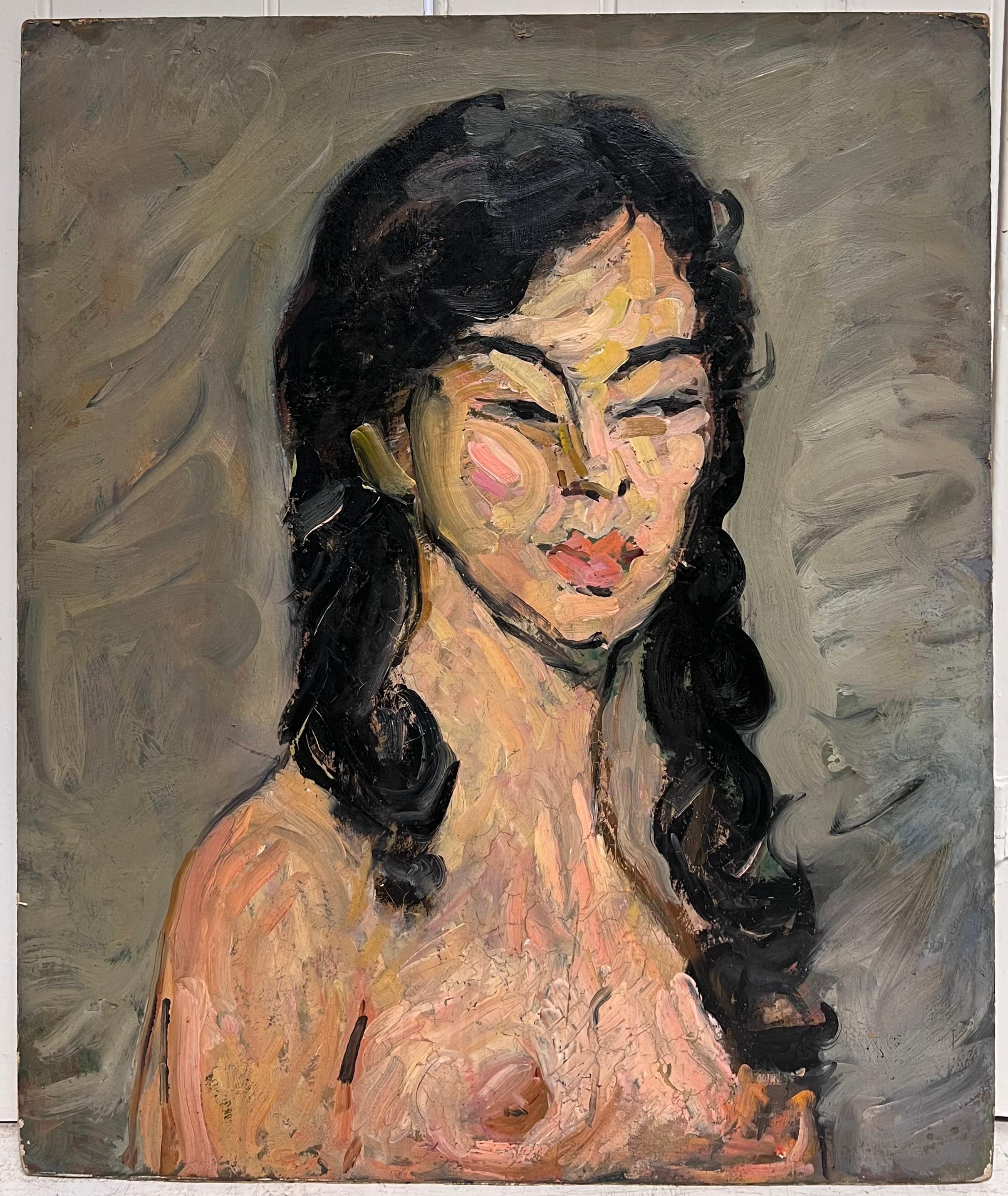 Pittura a olio francese post impressionista del 1930 Ritratto di donna nuda con capelli lunghi - Painting di Suzanne Dinkes