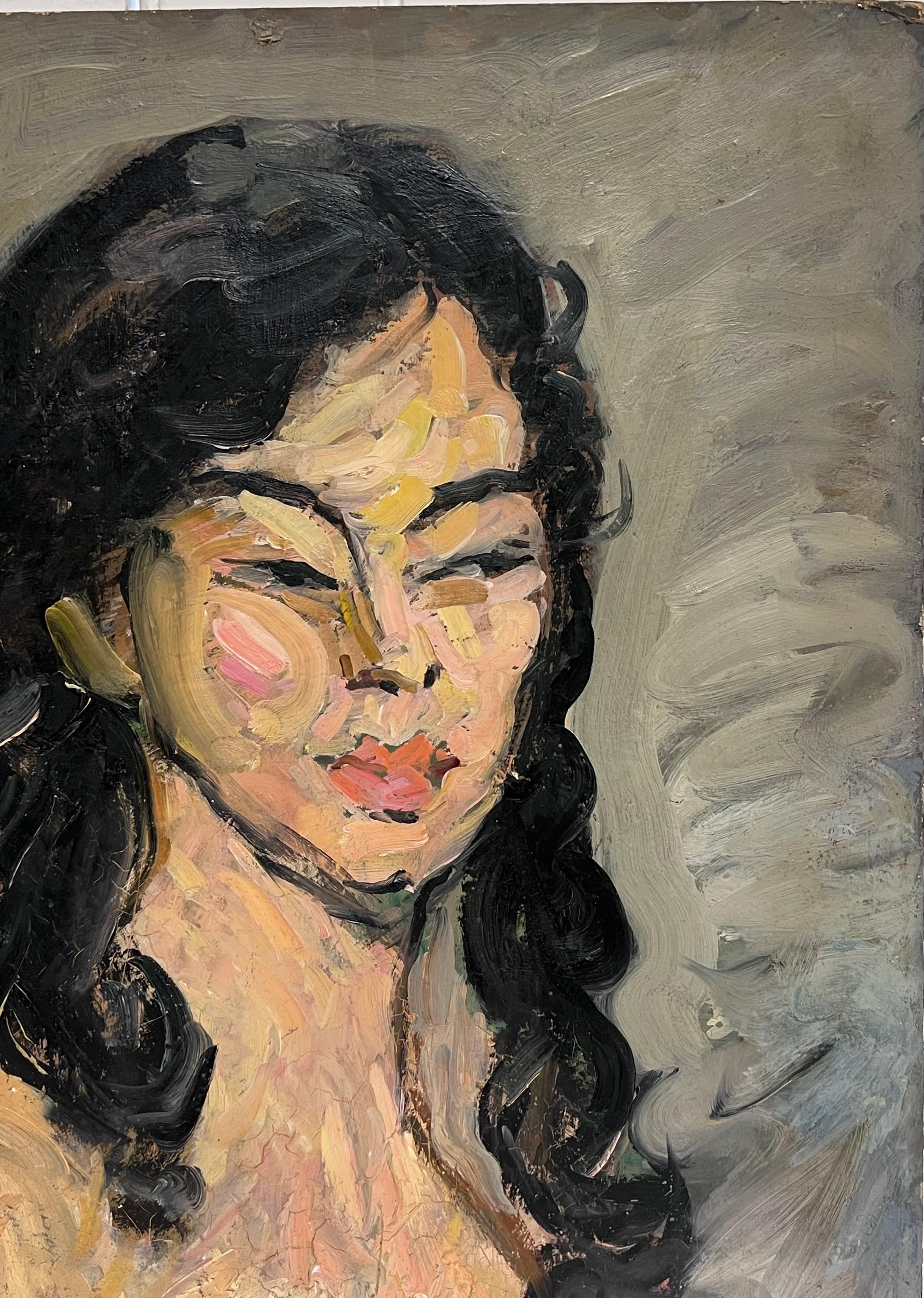 Pittura a olio francese post impressionista del 1930 Ritratto di donna nuda con capelli lunghi - Painting Postimpressionismo di Suzanne Dinkes