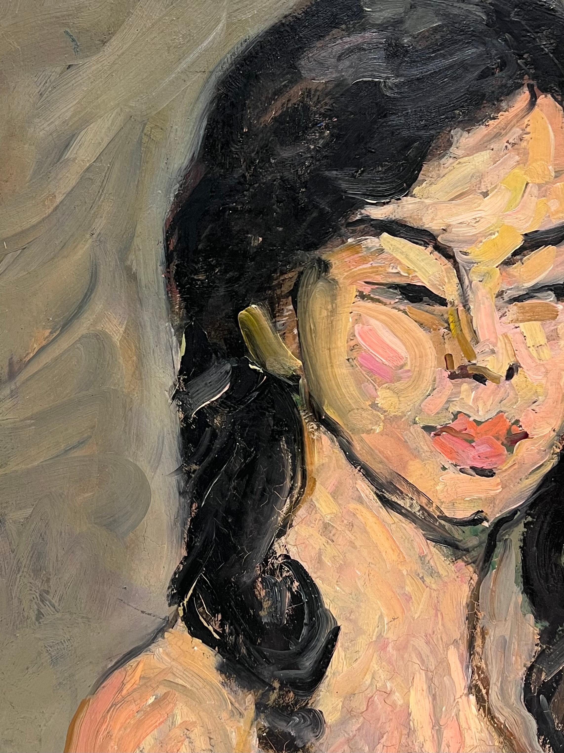 Pittura a olio francese post impressionista del 1930 Ritratto di donna nuda con capelli lunghi - Nude Painting Grigio di Suzanne Dinkes