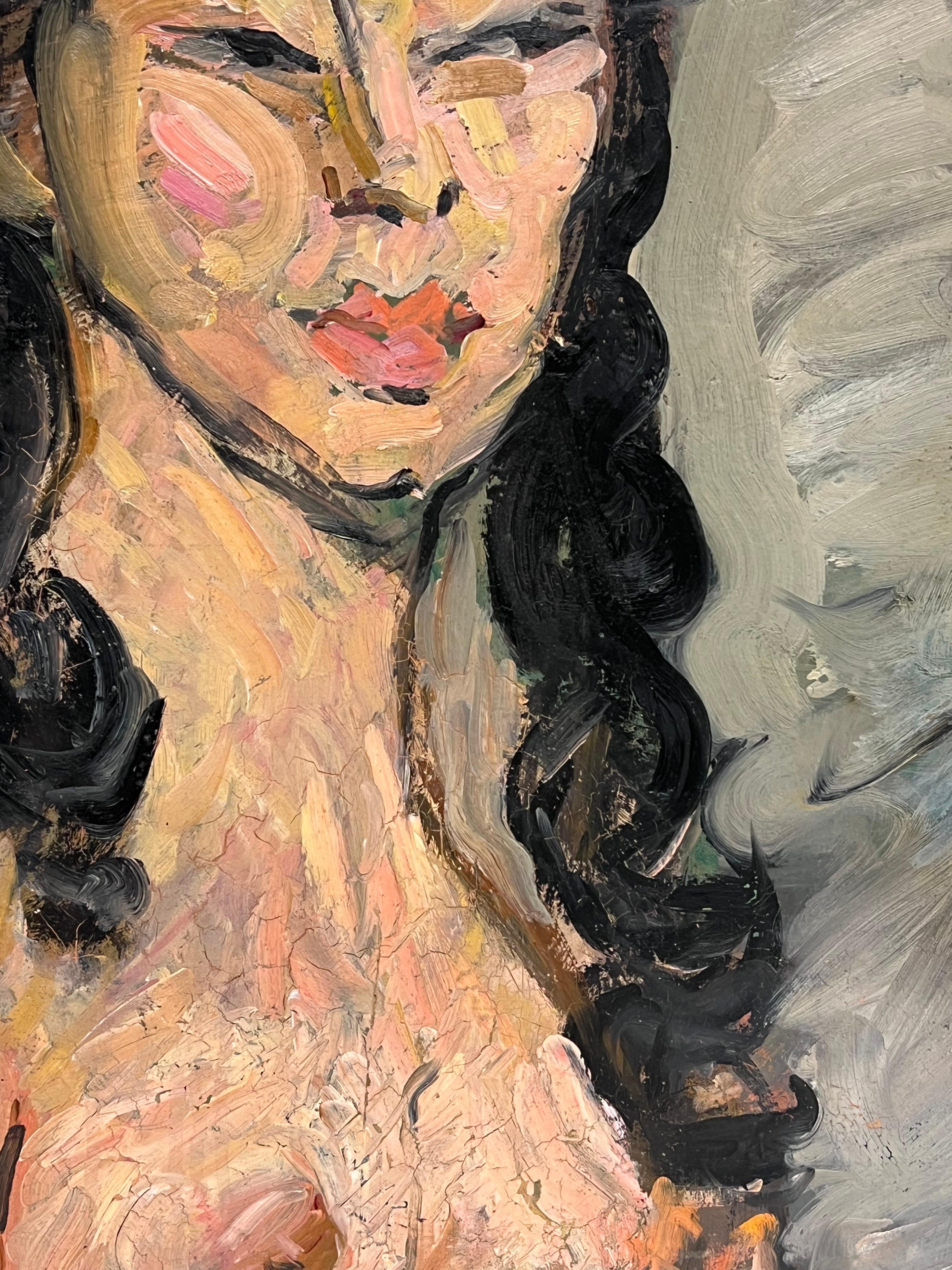 Pittura a olio francese post impressionista del 1930 Ritratto di donna nuda con capelli lunghi in vendita 1