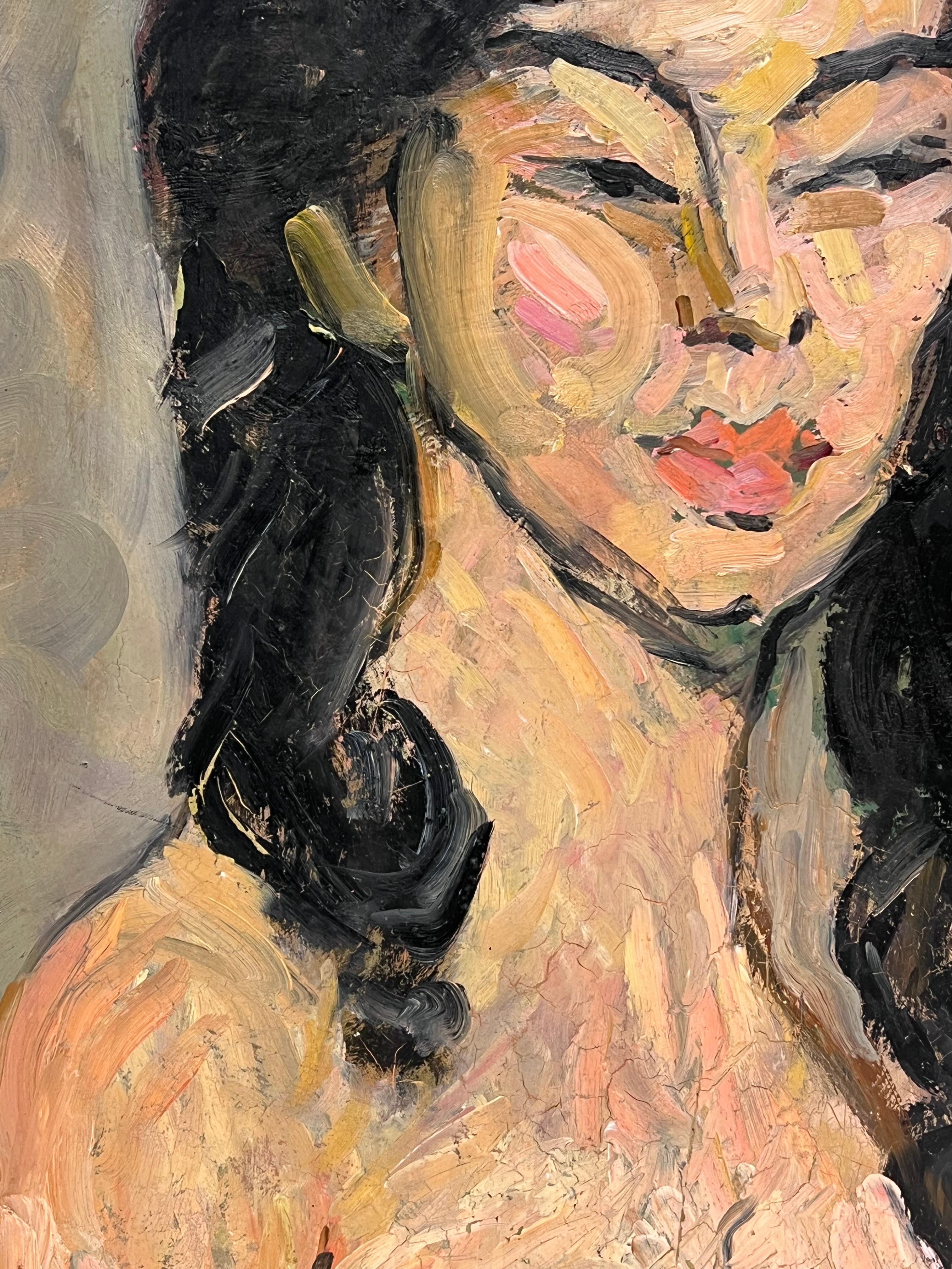 Pittura a olio francese post impressionista del 1930 Ritratto di donna nuda con capelli lunghi in vendita 2