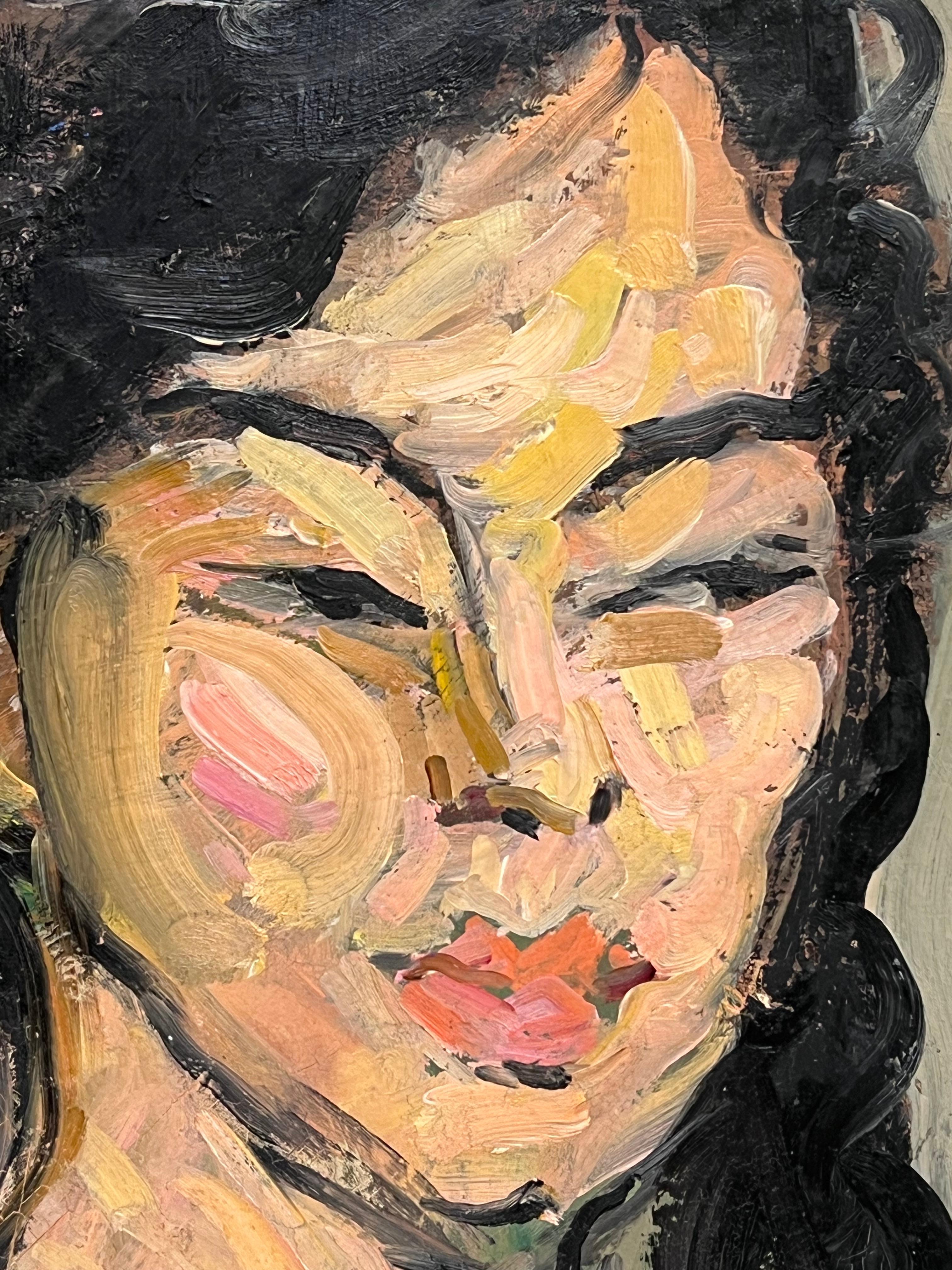 Pittura a olio francese post impressionista del 1930 Ritratto di donna nuda con capelli lunghi in vendita 3