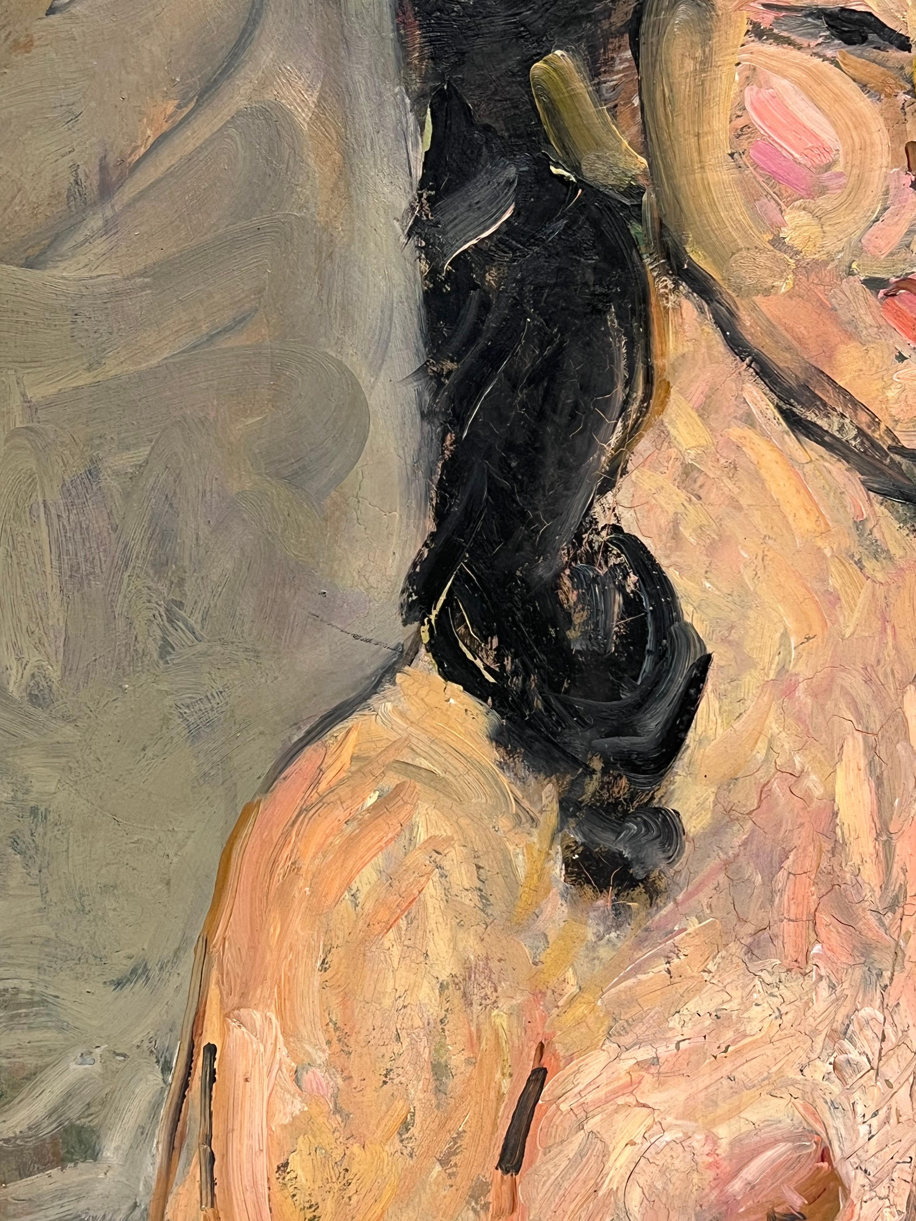 Pittura a olio francese post impressionista del 1930 Ritratto di donna nuda con capelli lunghi in vendita 4