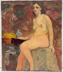 Pittura a olio francese post-impressionista del 1930 Ritratto di modella seduta e nuda