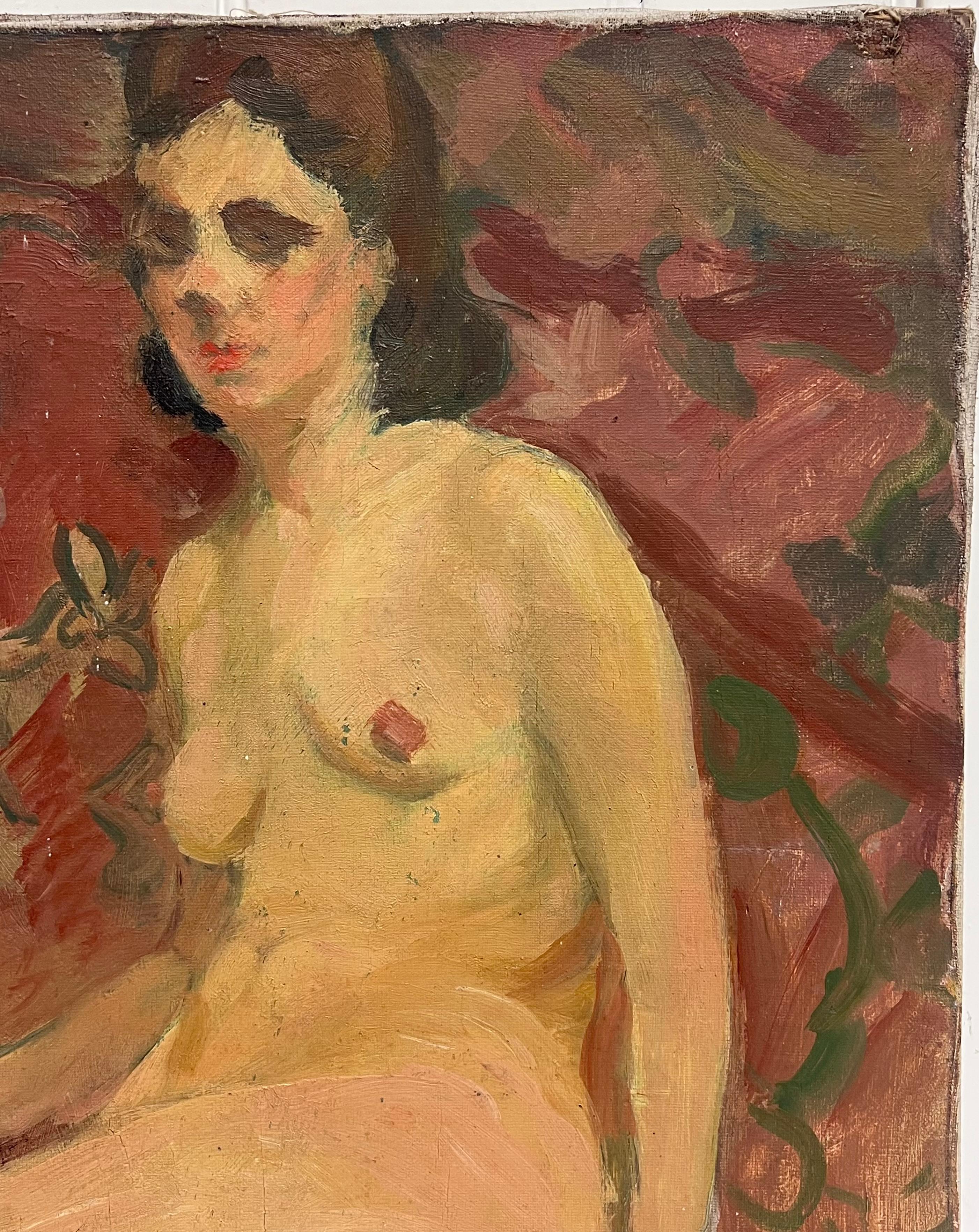 The Artists Model, Nude Lady posing for the artist
circa 1930's
Artist/ School: Suzanne Dinkés (French, 1895 - 1984)
Medium: oil on canvas, unframed
Size : 22 x 18.5 inches
Provenance: private collection, France
Condition: The painting is in overall