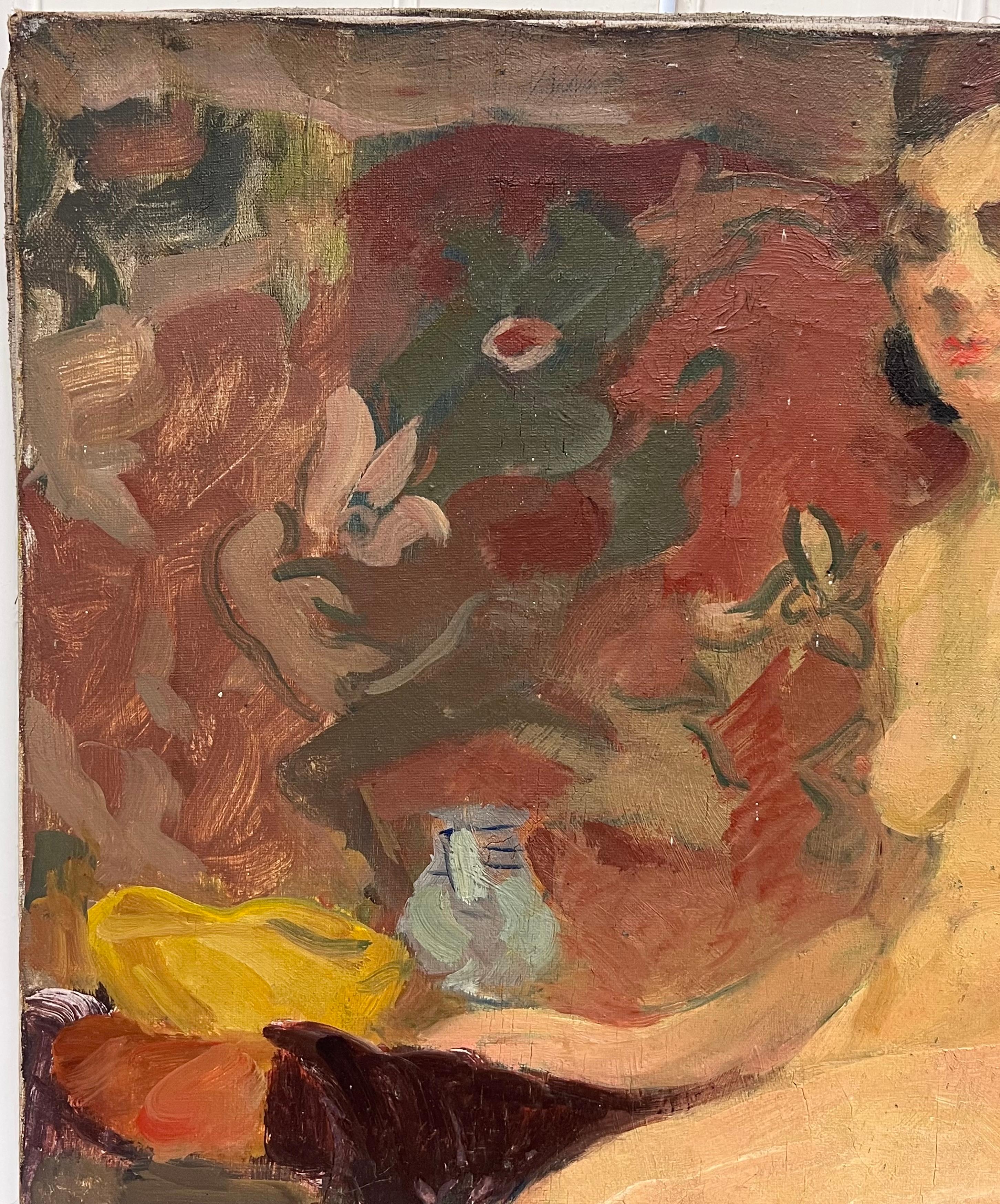 1930's French Post Impressionist Oil Painting Portrait of Seated Nude Lady Model For Sale 1