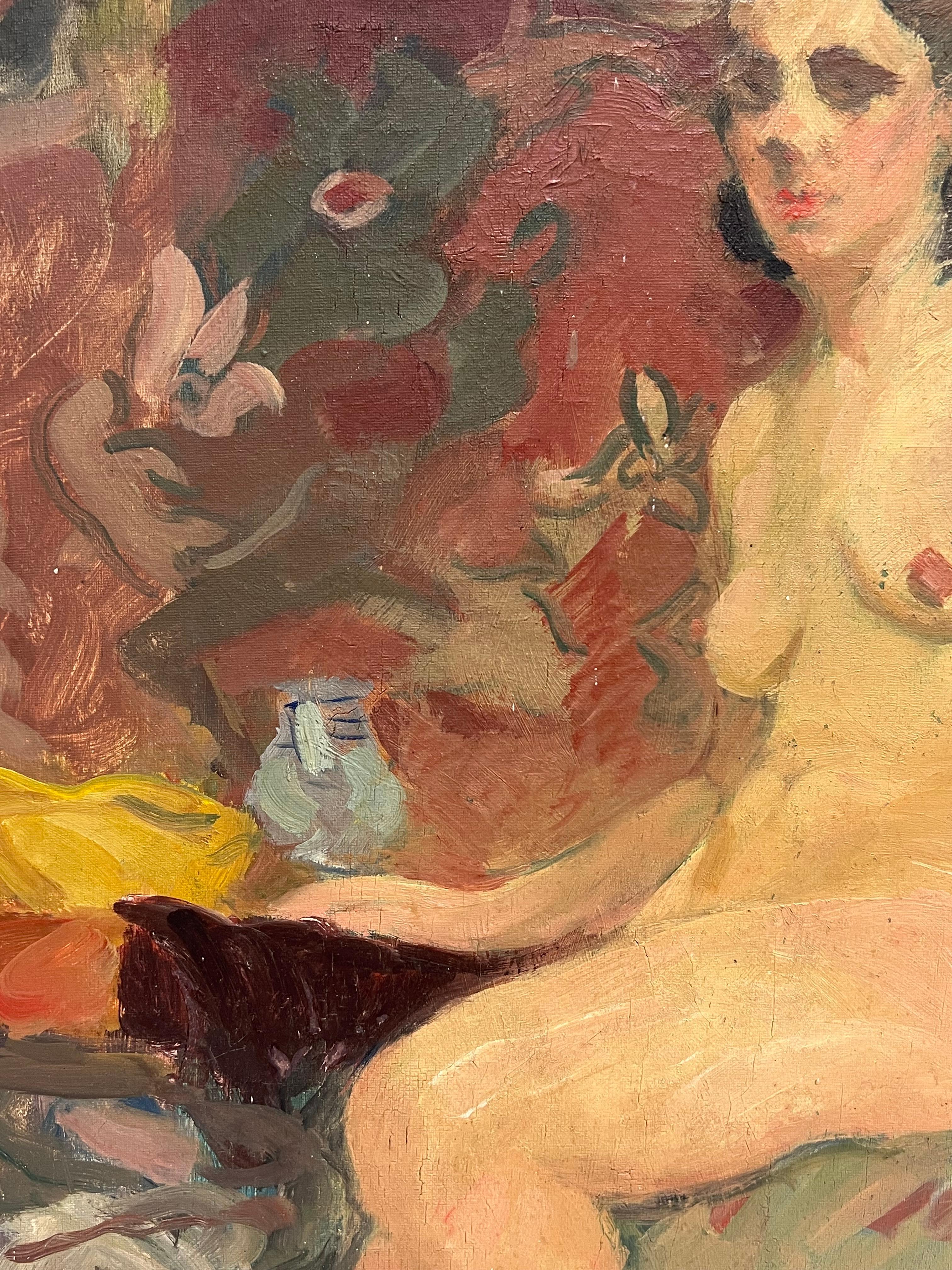 1930's French Post Impressionist Oil Painting Portrait of Seated Nude Lady Model For Sale 2