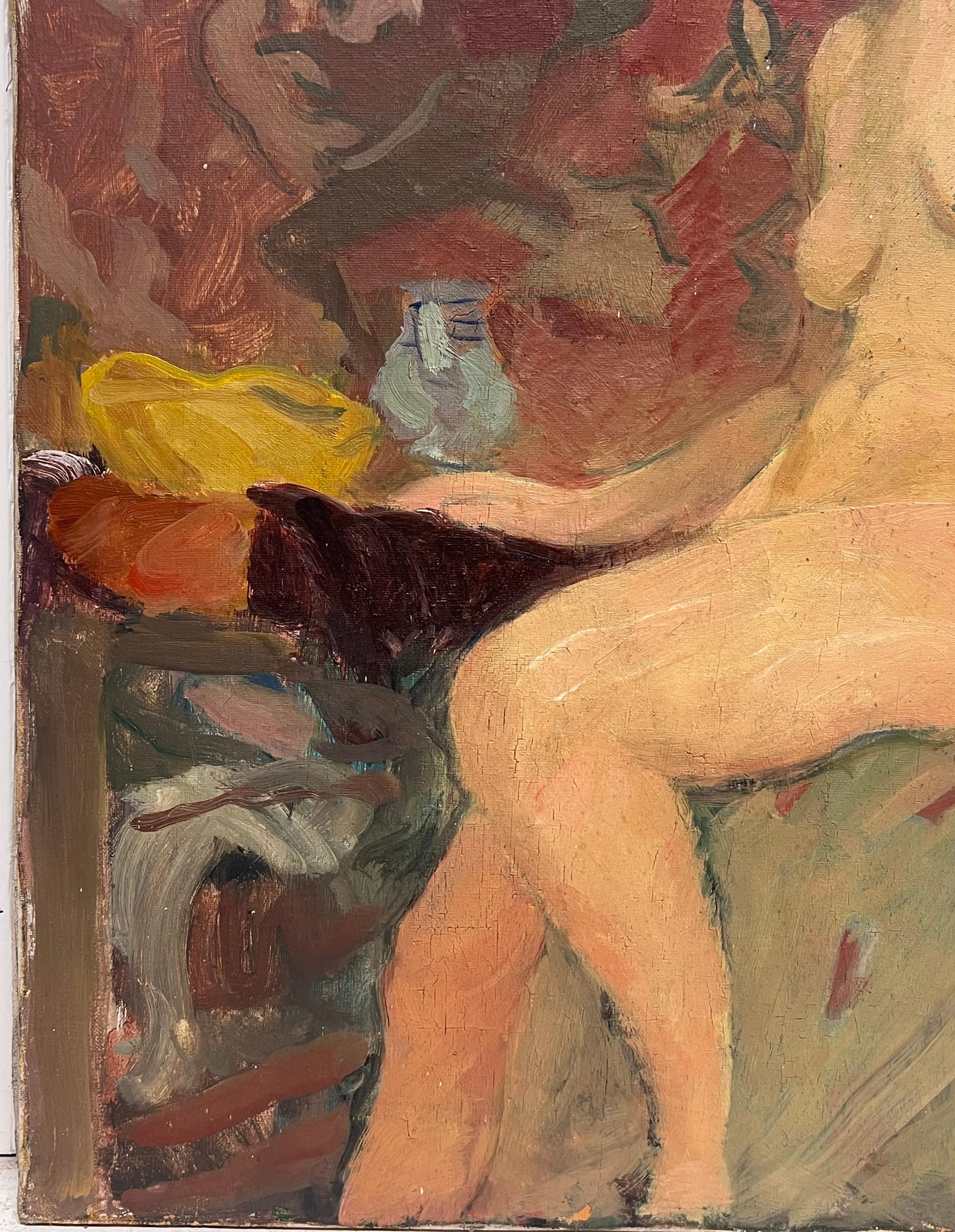 1930's French Post Impressionist Oil Painting Portrait of Seated Nude Lady Model For Sale 3