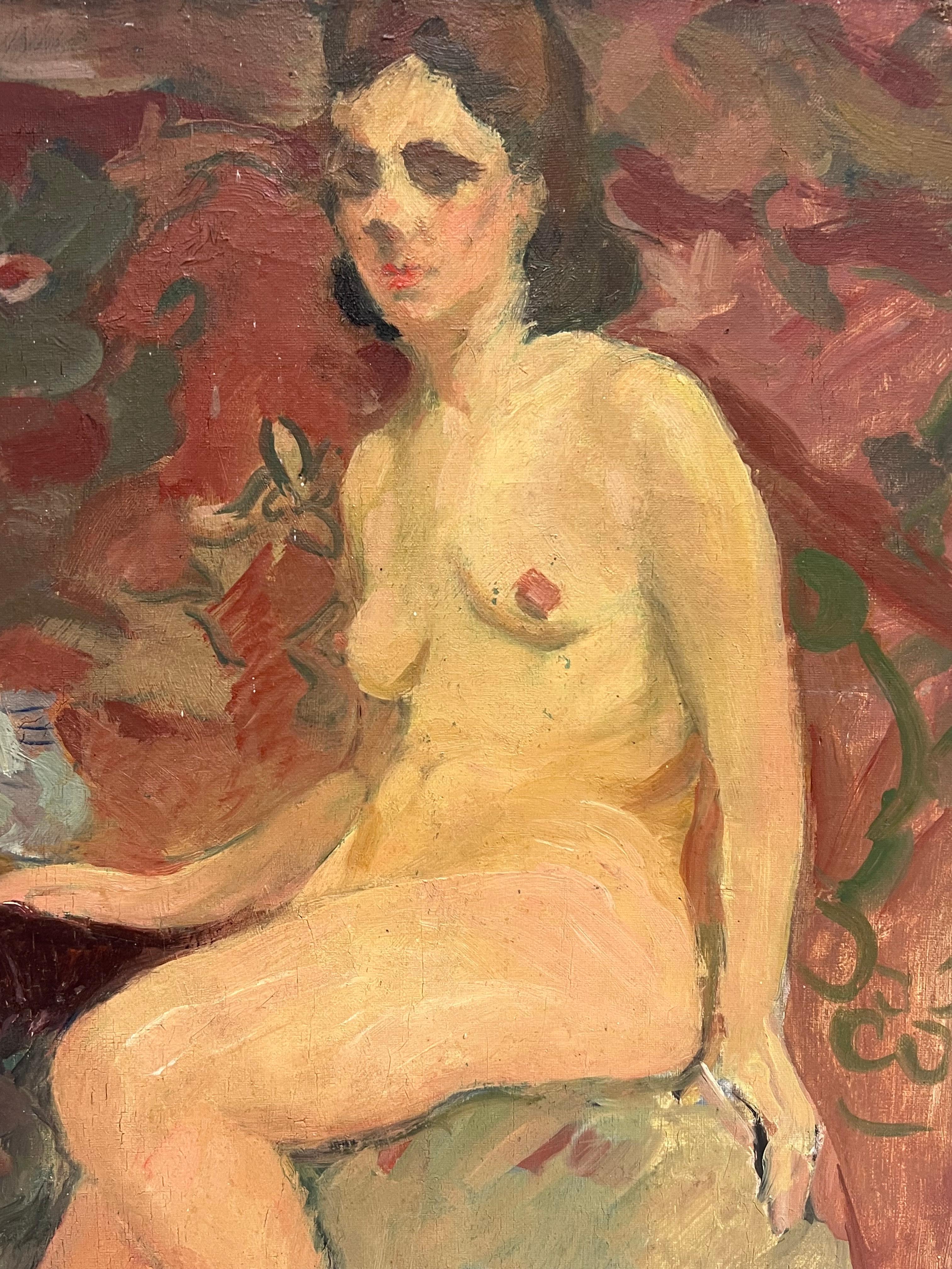 1930's French Post Impressionist Oil Painting Portrait of Seated Nude Lady Model For Sale 4