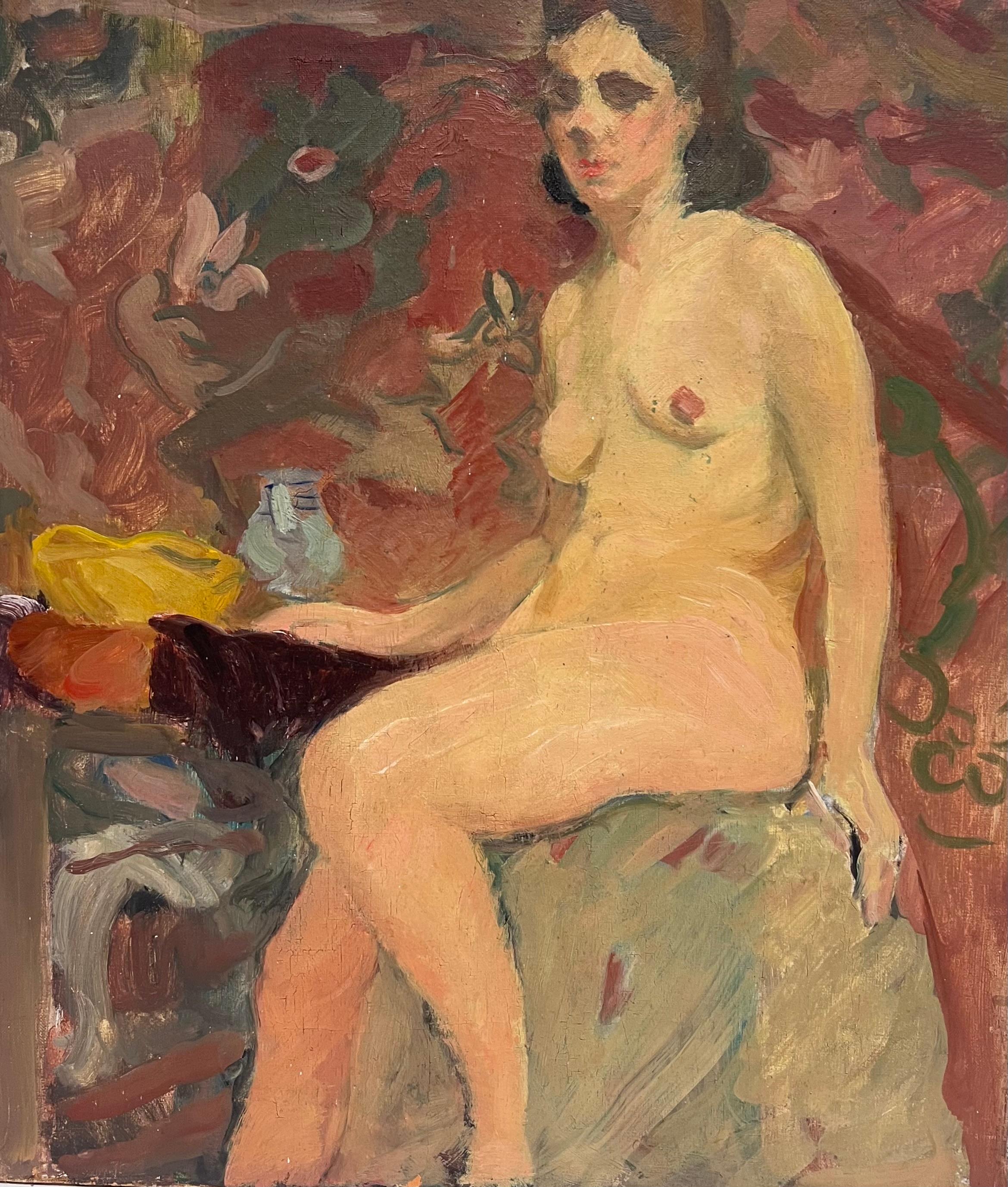 1930
s French Post Impressionist Oil Painting Portrait of Seated Nude Lady Model