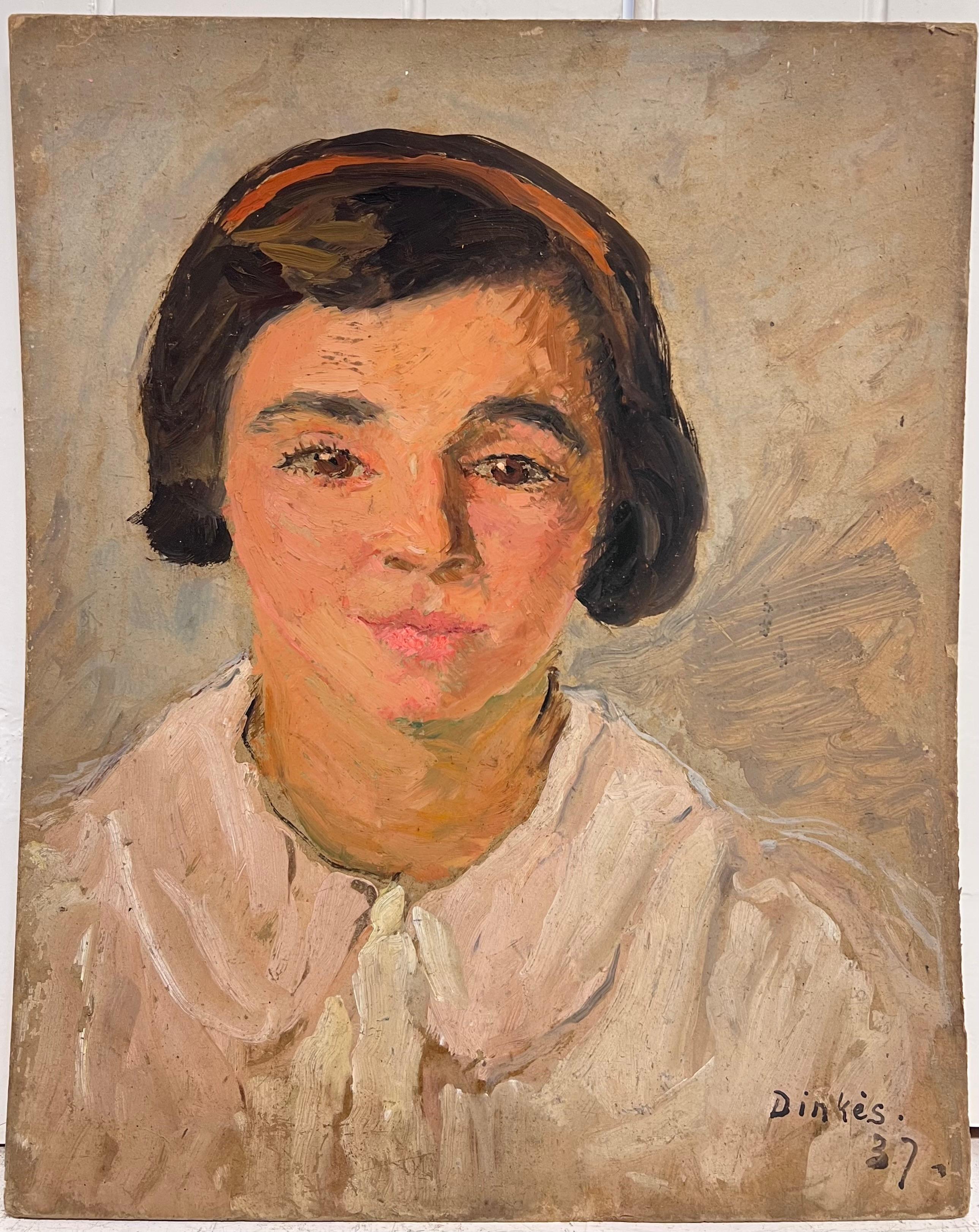 1930's Pintura al óleo francesa firmada Cabeza y hombros Retrato joven dama - Painting de Suzanne Dinkes