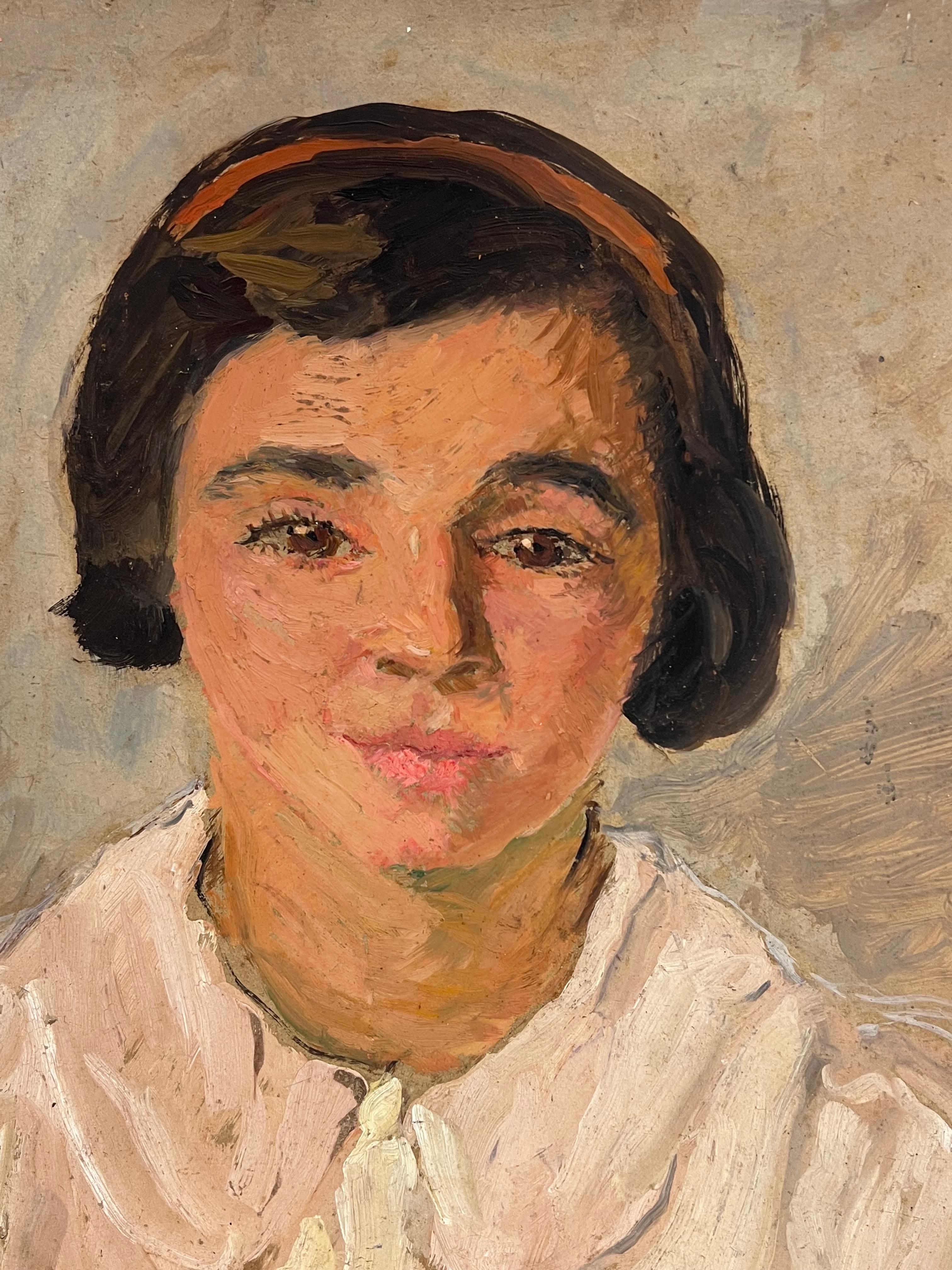 1930's Pintura al óleo francesa firmada Cabeza y hombros Retrato joven dama - Painting Posimpresionista de Suzanne Dinkes