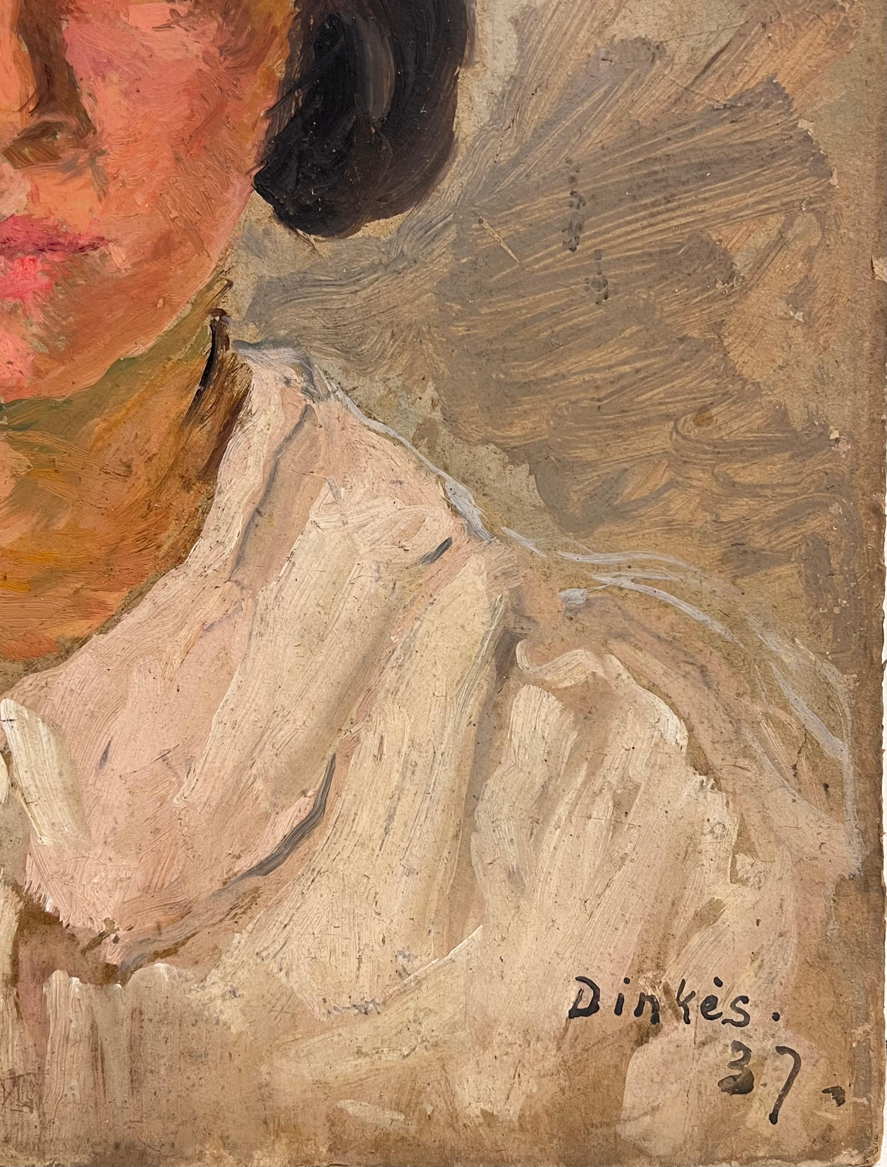 Retrato de una joven
Artista/ Escuela: Suzanne Dinkés (francesa, 1895 - 1984)
Técnica: Óleo sobre tabla firmado, sin enmarcar
Fechado en 37
Tamaño : 16 x 13 pulgadas
Procedencia: colección privada, Francia
Estado de conservación: El cuadro está en