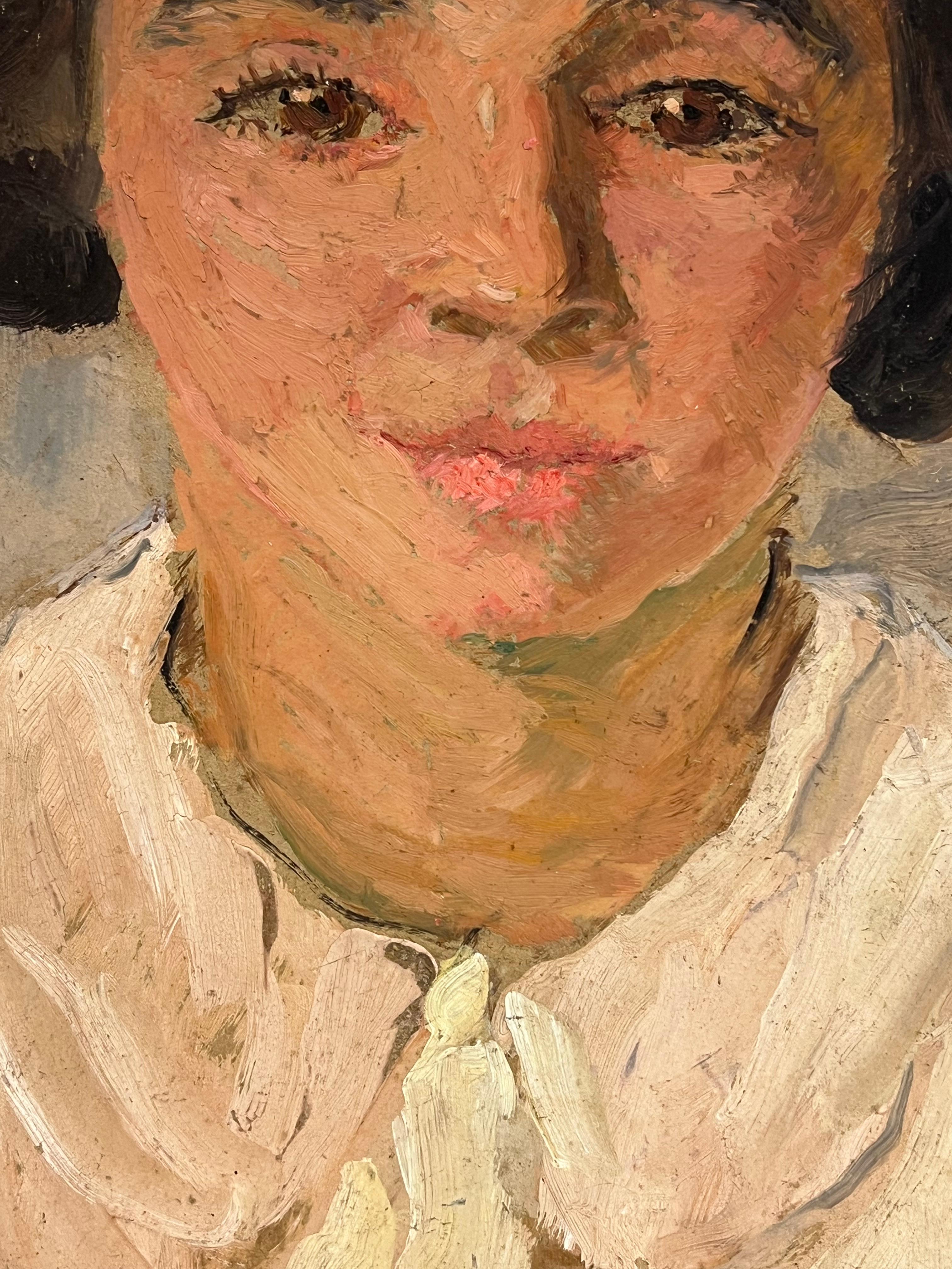 1930's Pintura al óleo francesa firmada Cabeza y hombros Retrato joven dama en venta 2