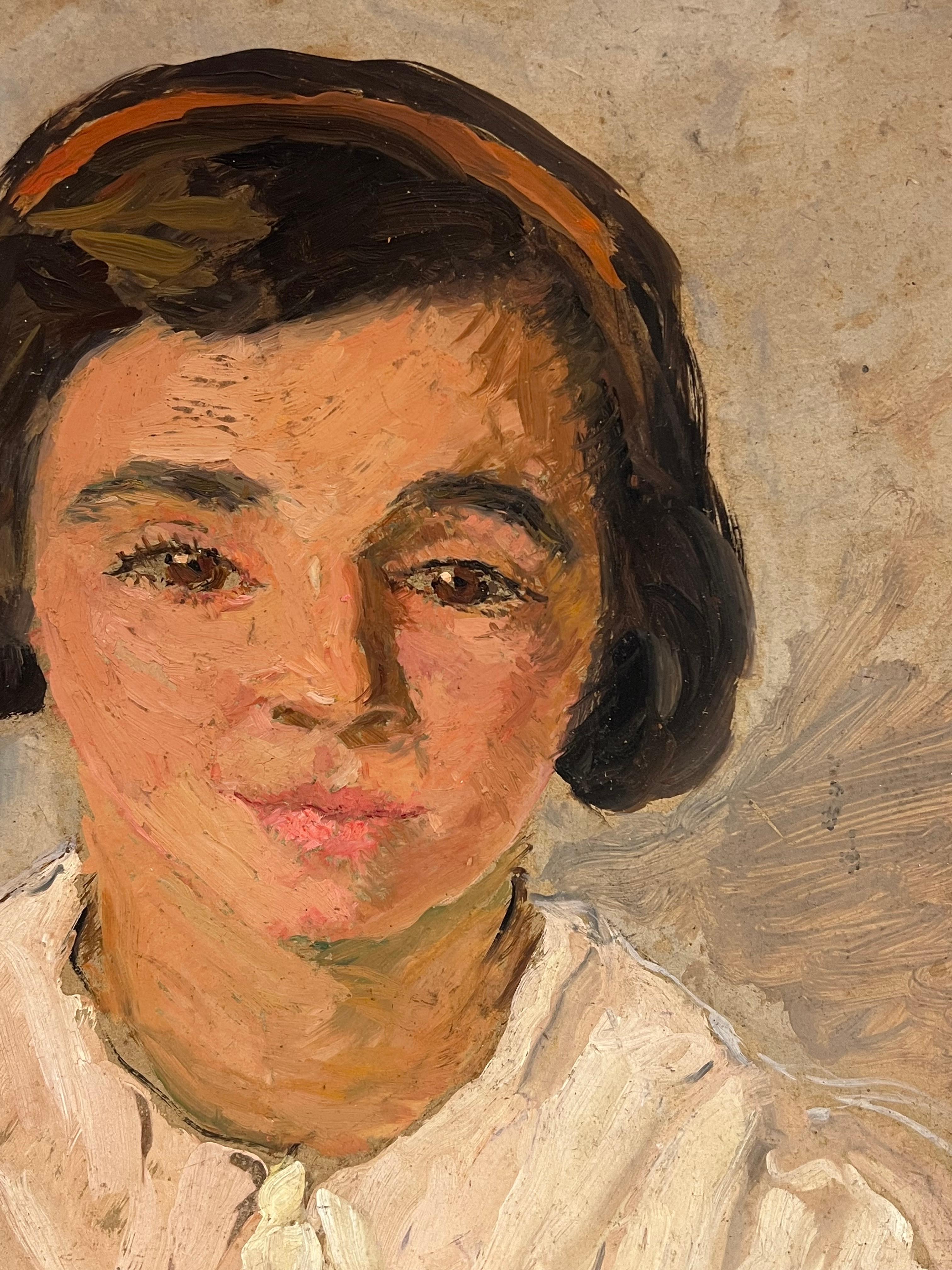 1930's Pintura al óleo francesa firmada Cabeza y hombros Retrato joven dama en venta 3