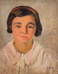 1930
s French Signed Oil Painting Head
Shoulders Portrait Young Lady