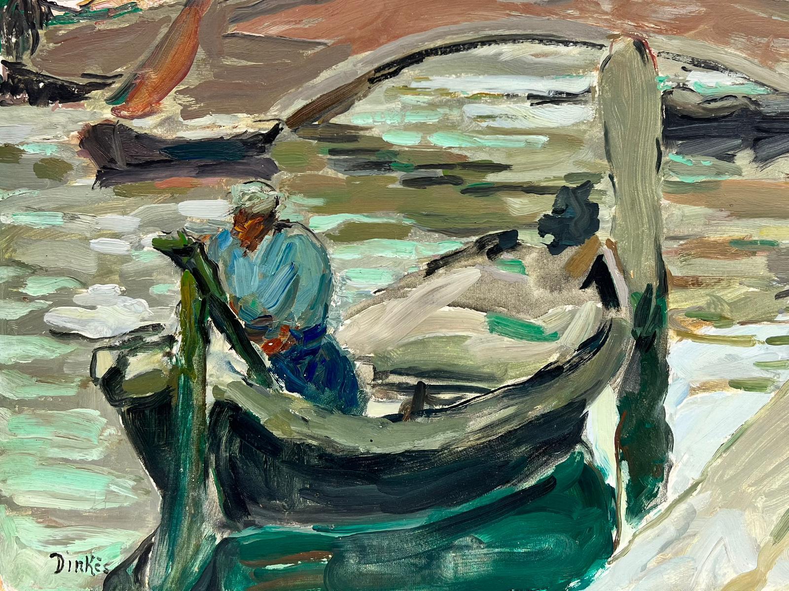 1950's Post-Impressionist French Oil Man in Gondola Venice Tranquil Canal, oil  - Painting by Suzanne Dinkes