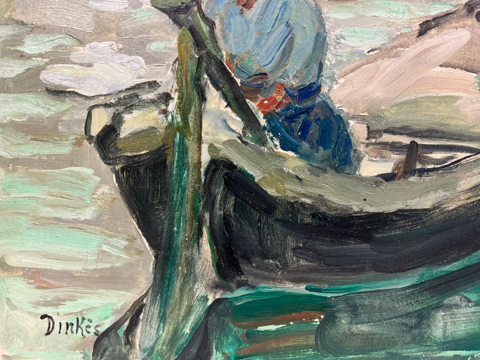 1950's Post-Impressionist French Oil Man in Gondola Venice Tranquil Canal, oil  For Sale 1