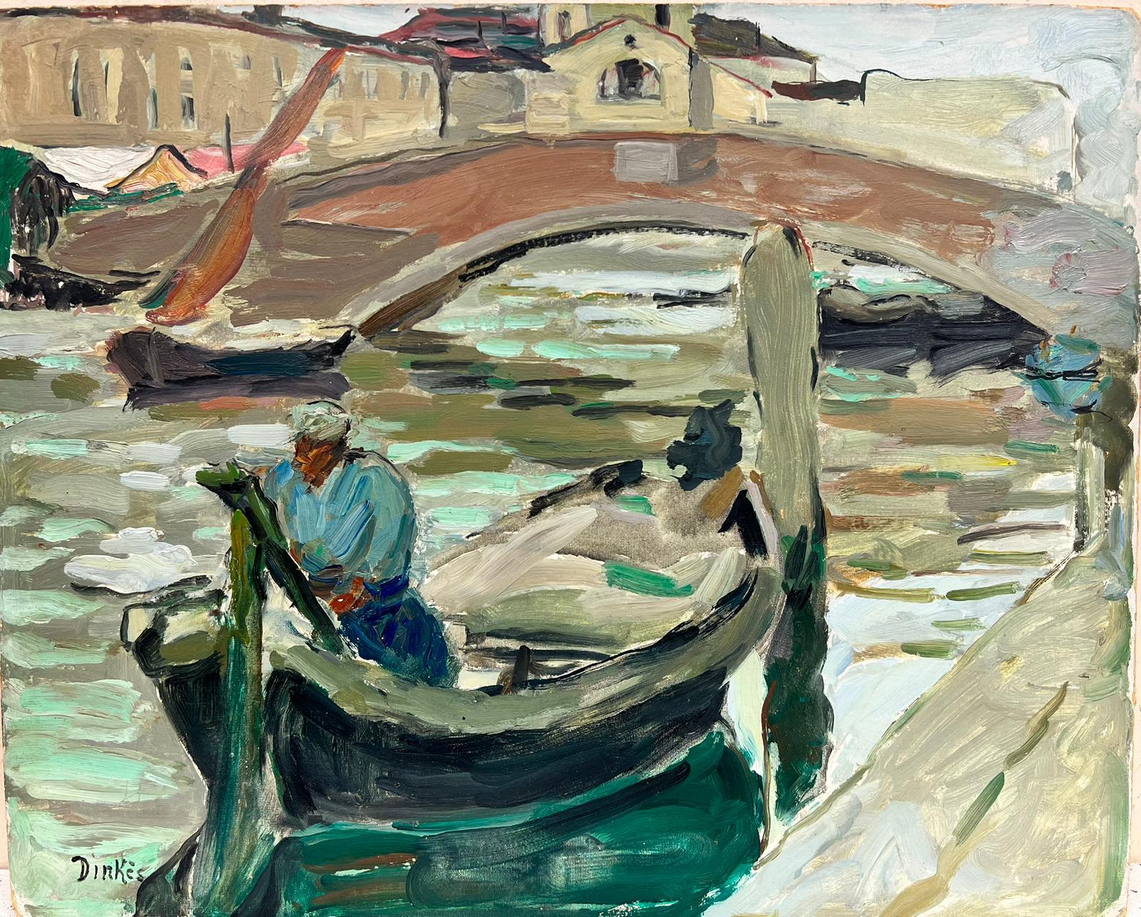 Suzanne Dinkes Landscape Painting - 1950's Post-Impressionist French Oil Man in Gondola Venice Tranquil Canal, oil 