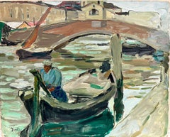 1950's Post-Impressionist French Oil Man in Gondola Venice Tranquil Canal, oil 