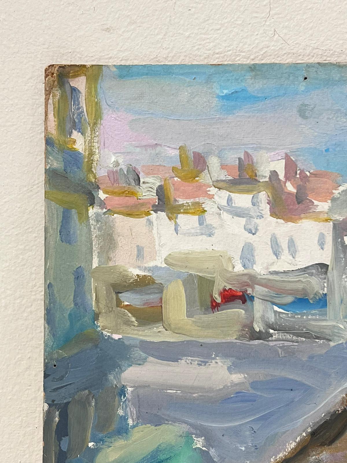 Scène de rue post-impressionniste française du 20e siècle à l'huile d'un village - Post-impressionnisme Painting par Suzanne Dinkes
