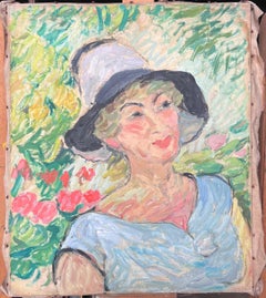 Blonde Lady In a Summers Day Garden Mid Century French Impressionist Painting