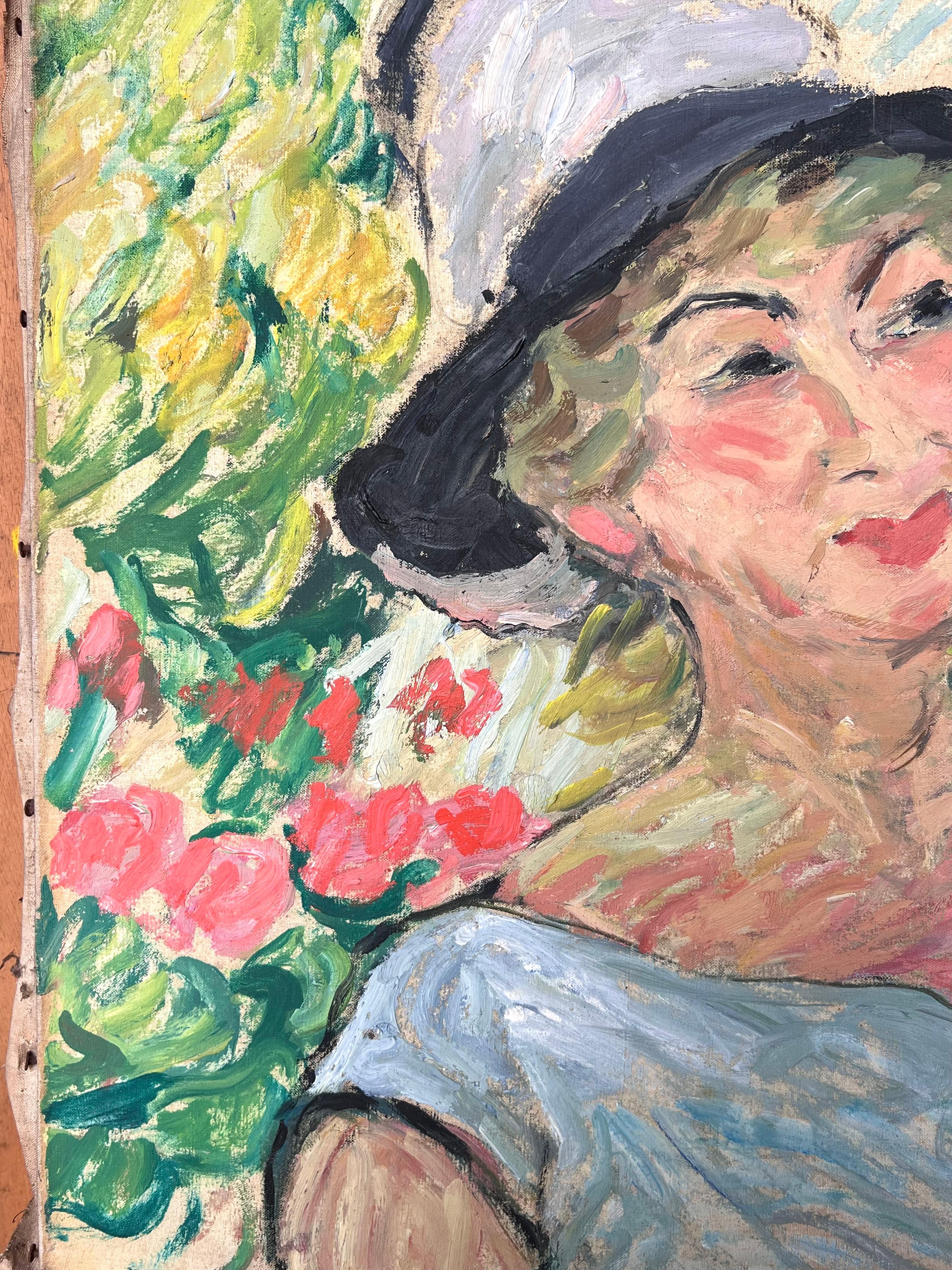 Dame blonde dans un jardin d'été Peinture impressionniste française du milieu du siècle - Gris Portrait Painting par Suzanne Dinkes