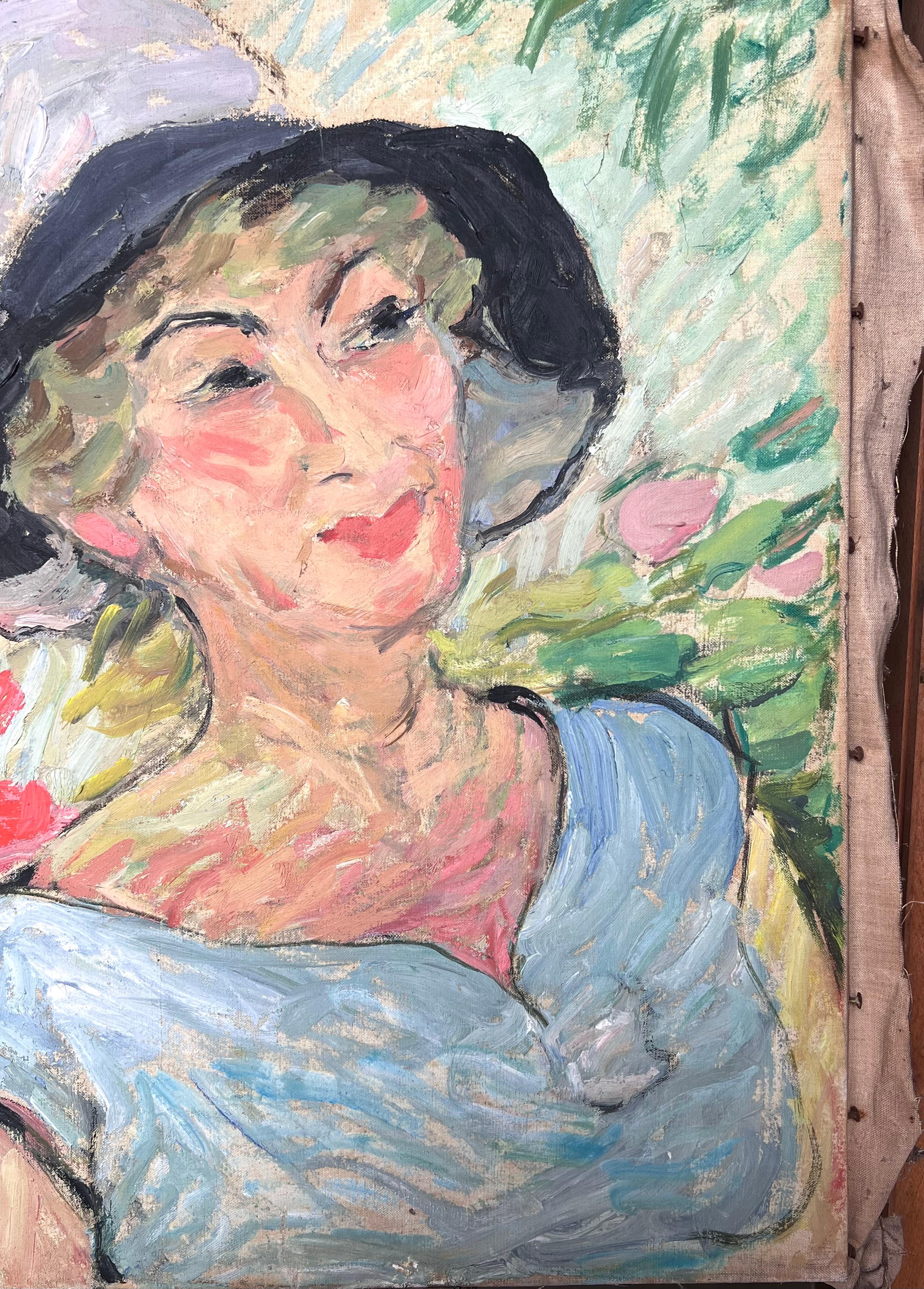 Dame blonde dans un jardin d'été Peinture impressionniste française du milieu du siècle en vente 1