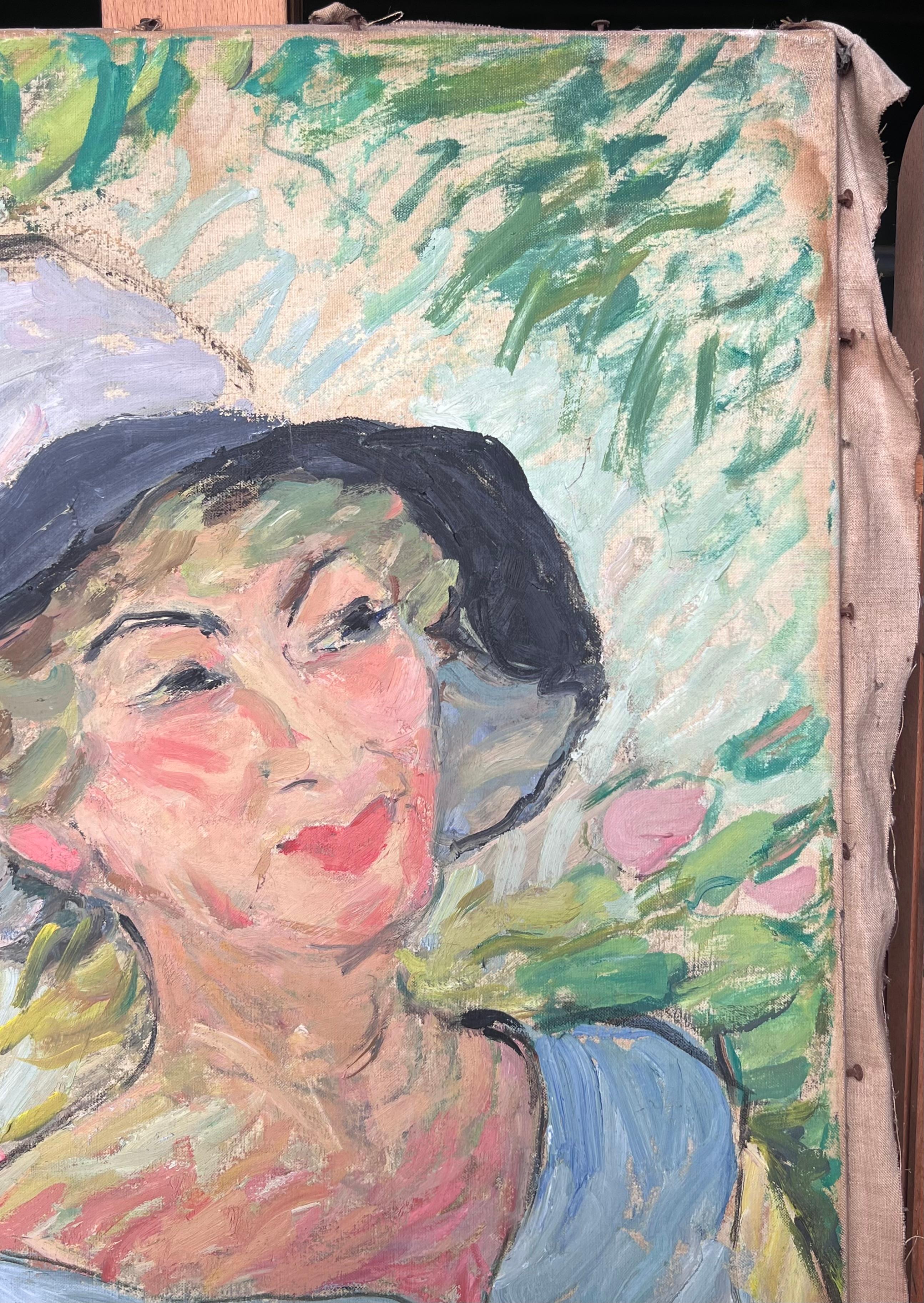 Dame blonde dans un jardin d'été Peinture impressionniste française du milieu du siècle en vente 2