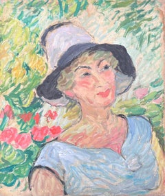 Blonde Lady In a Summers Day Garden Mid Century French Impressionist Painting