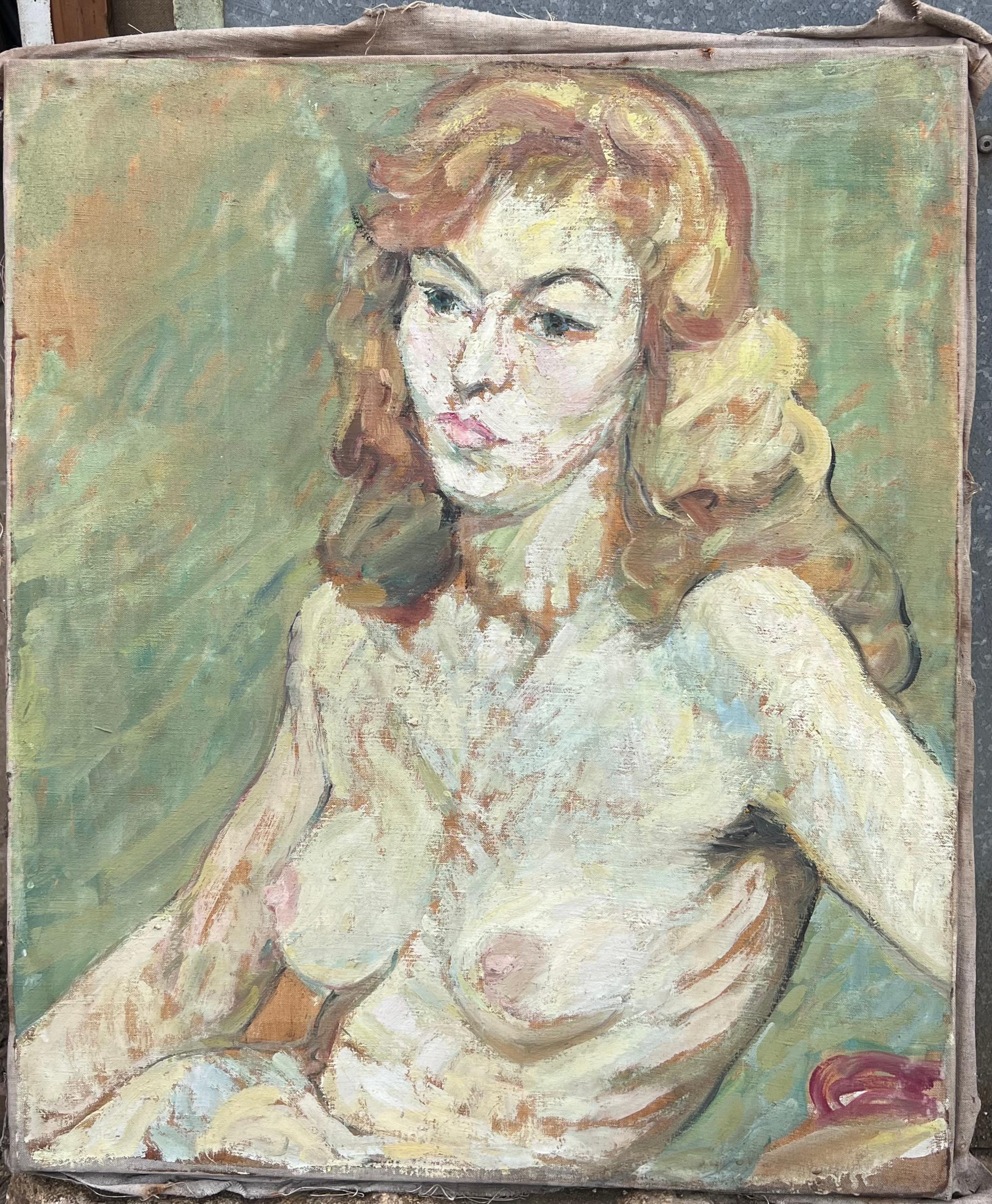 Nudo femminile biondo in un interno verde Pittura impressionista francese della metà del secolo scorso - Painting di Suzanne Dinkes