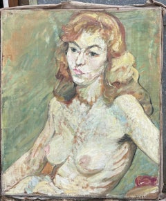 Blonde Nude Female In Green Interior Mid Century French Impressionist Painting