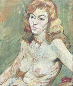 Blonde Nude Female In Green Interior Mid Century French Impressionist Painting