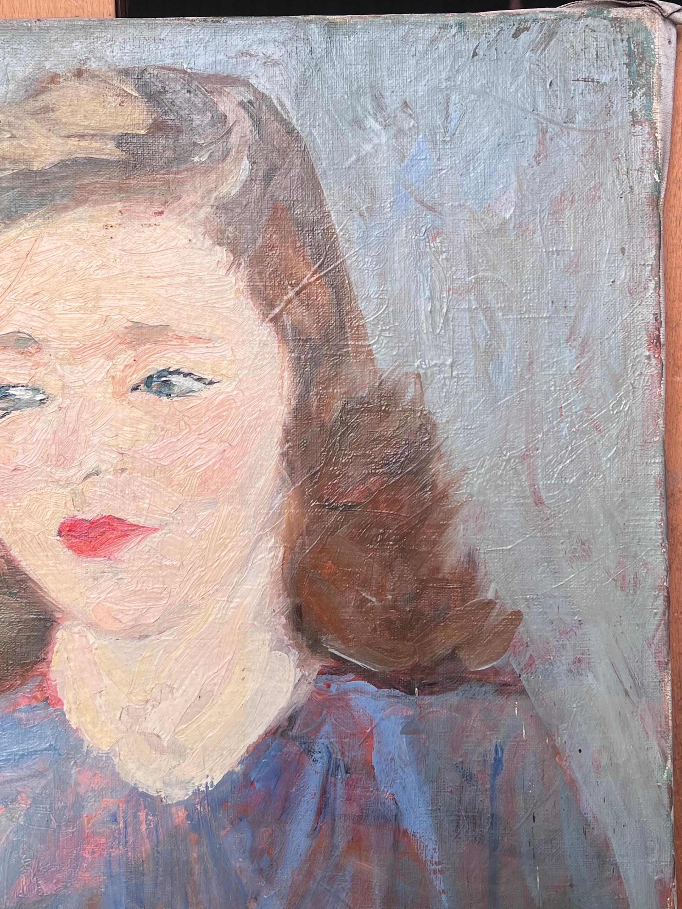 Brunette Lady With Red Lipstick in Blue Mid Century French Painting Portrait (Grau), Figurative Painting, von Suzanne Dinkes