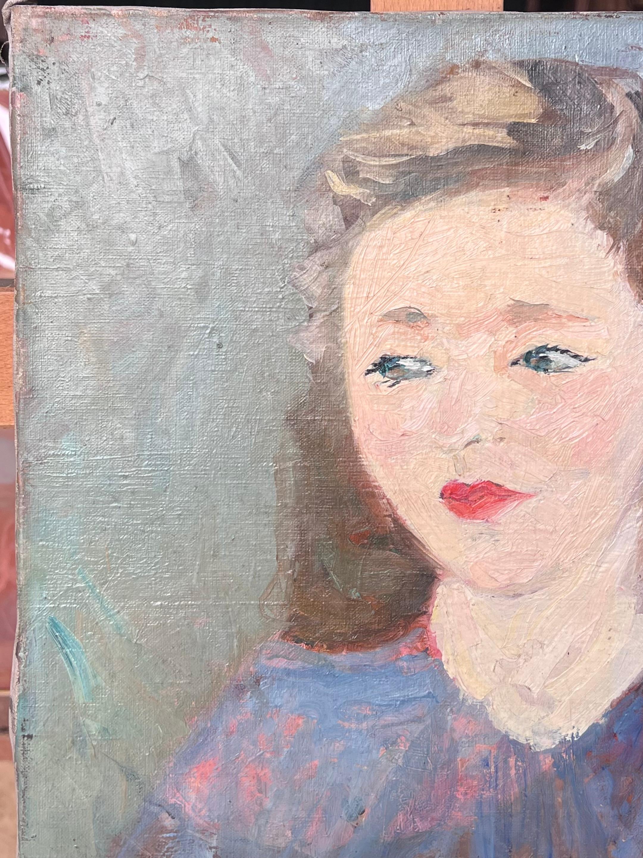 Brunette Lady With Red Lipstick in Blue Mid Century French Painting Portrait im Angebot 1