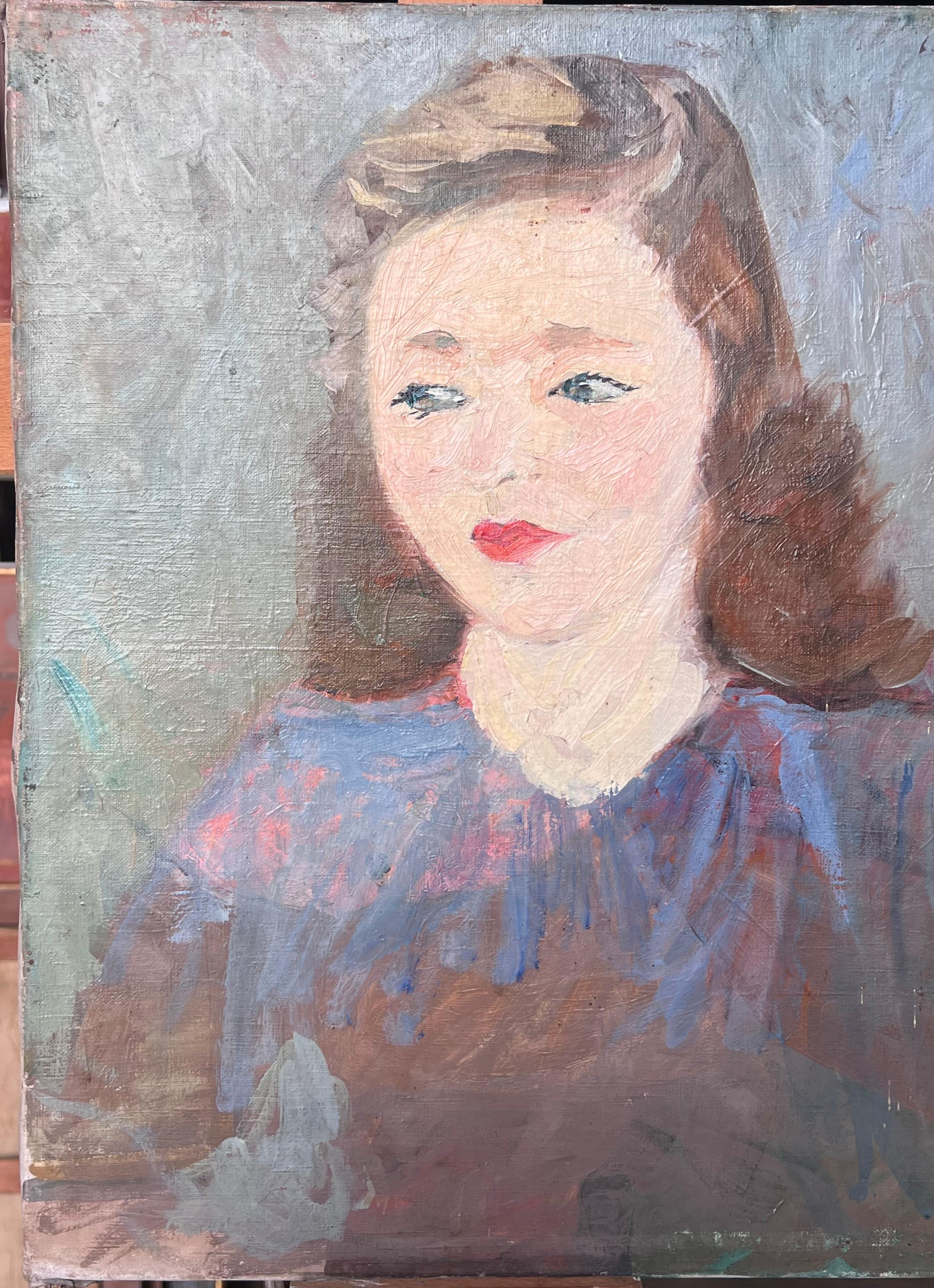 Brunette Lady With Red Lipstick in Blue Mid Century French Painting Portrait im Angebot 2
