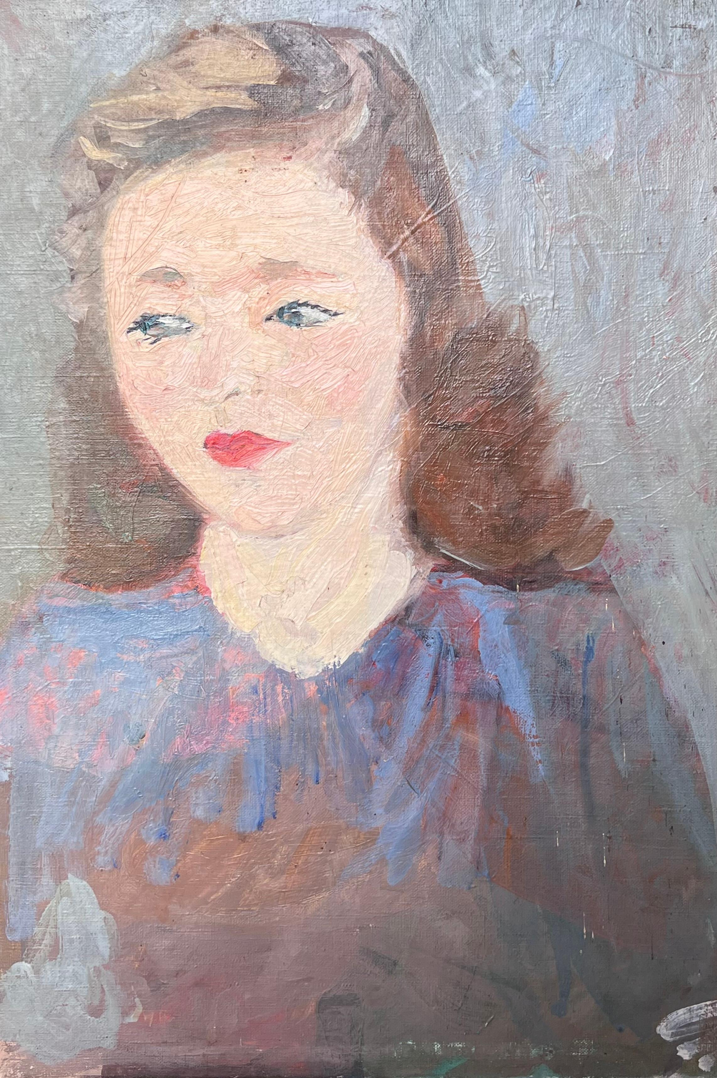 Brunette Lady With Red Lipstick in Blue Mid Century French Painting Portrait im Angebot 3