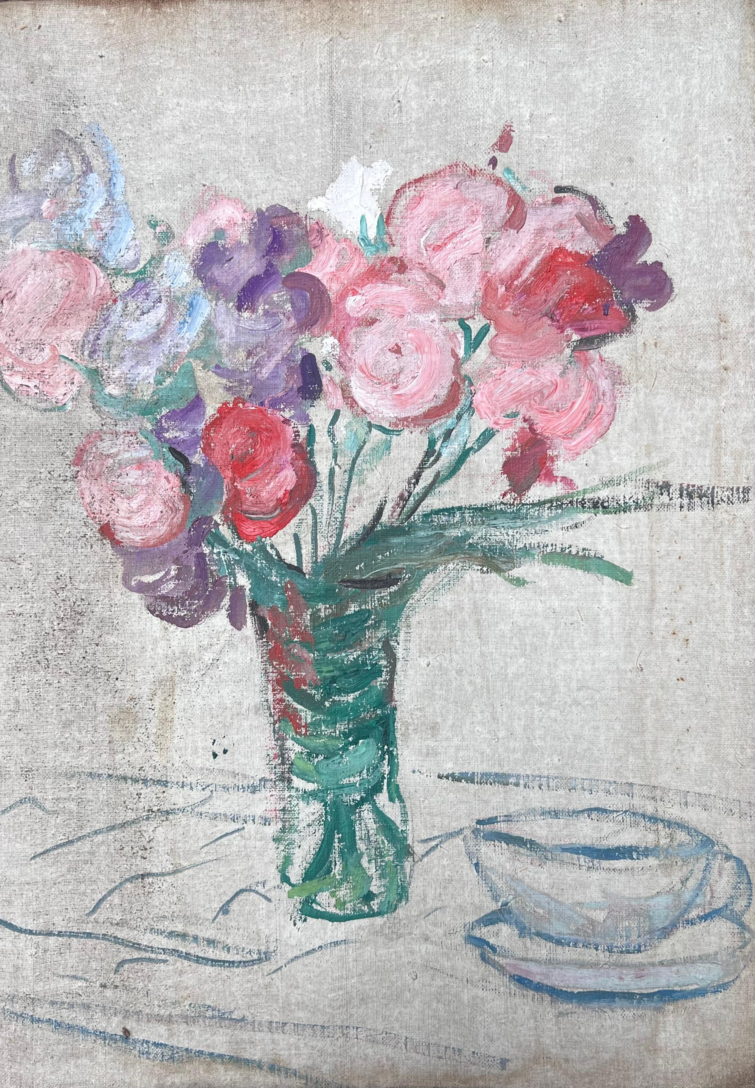 Bouquet de fleurs roses, rouges et violettes dans un vase en verre fin Peinture du milieu du siècle en vente 1