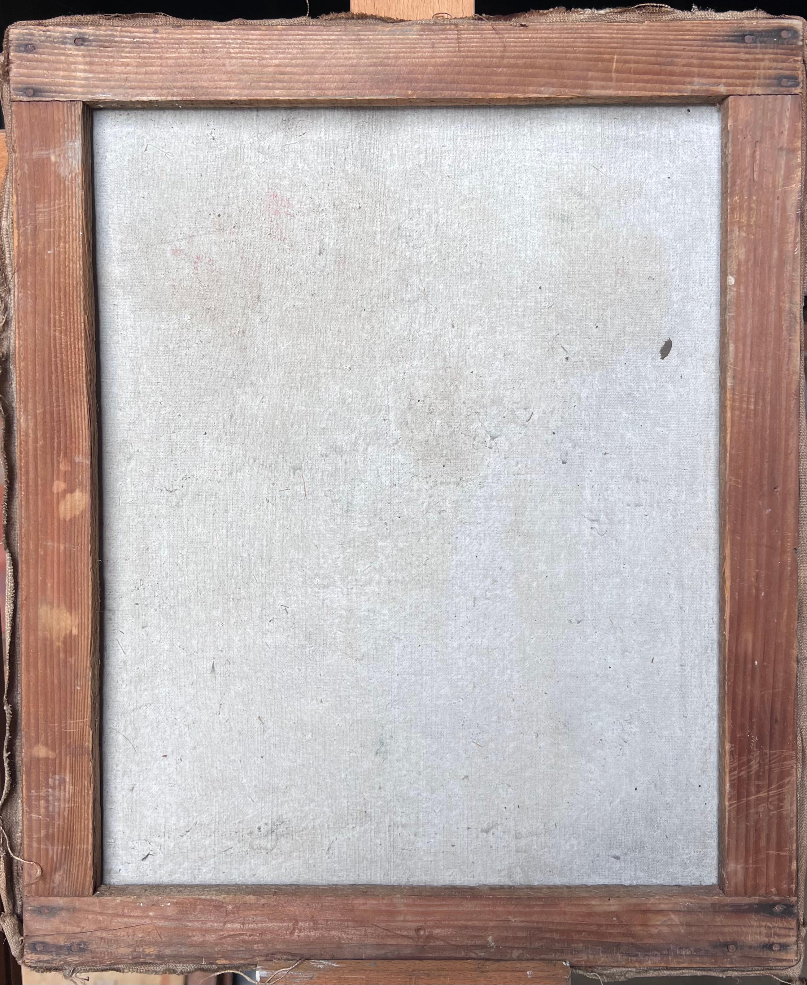 Bouquet de fleurs roses, rouges et violettes dans un vase en verre fin Peinture du milieu du siècle en vente 2