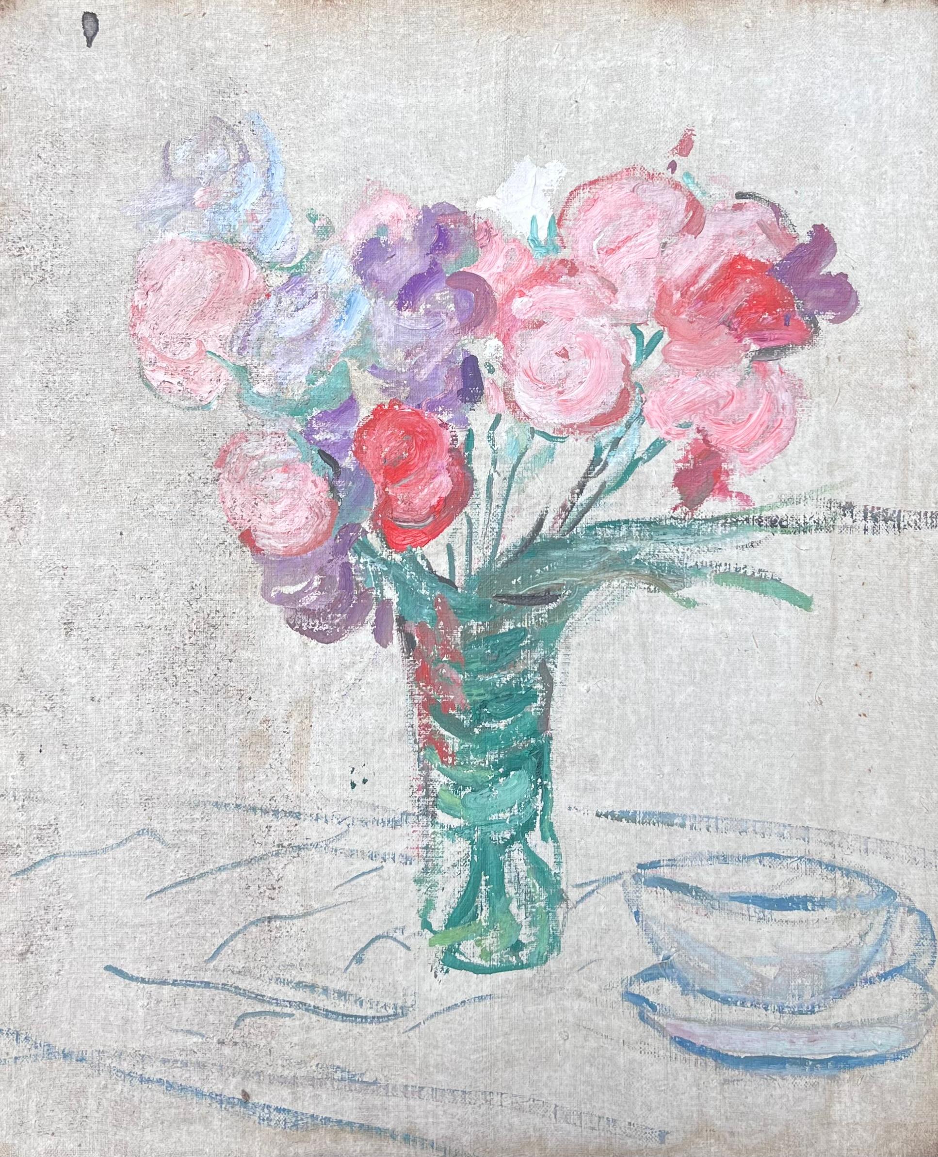 Bunch of Pink , Red & Purple Flowers In Thin Glass Vase Mid Century Painting