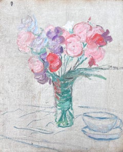 Bunch of Pink , Red & Purple Flowers In Thin Glass Vase Mid Century Painting