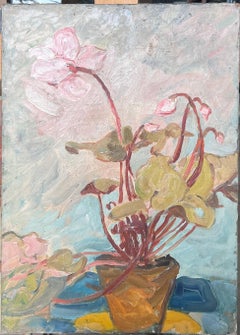 Ciclamen en maceta naranja en interior azul Pintura francesa de mediados de siglo