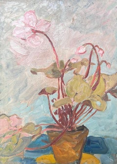 Cyclamen in Orange Pot In Blue Interior French Mid Century Painting