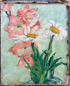Daisies & Pink Flowers In Green Room Interior French Mid Century Painting
