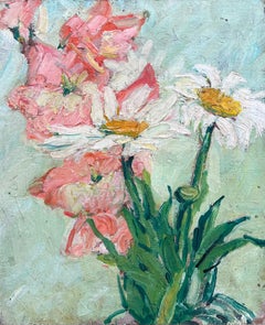 Daisies & Pink Flowers In Green Room Interior French Mid Century Painting