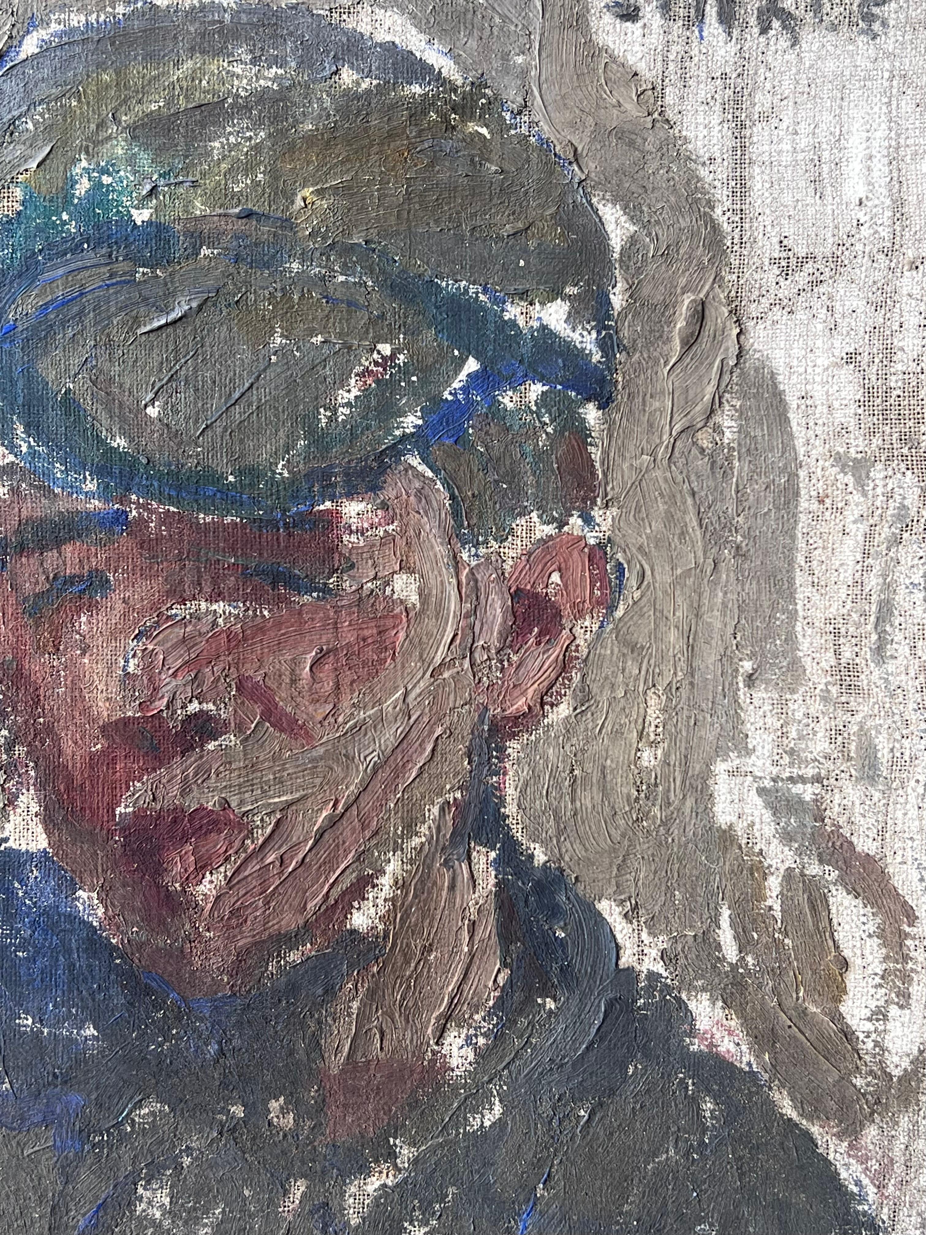 Dapper Young Male In Blue Cap Portrait Mid Century Französisch Impressionist Malerei (Post-Impressionismus), Painting, von Suzanne Dinkes