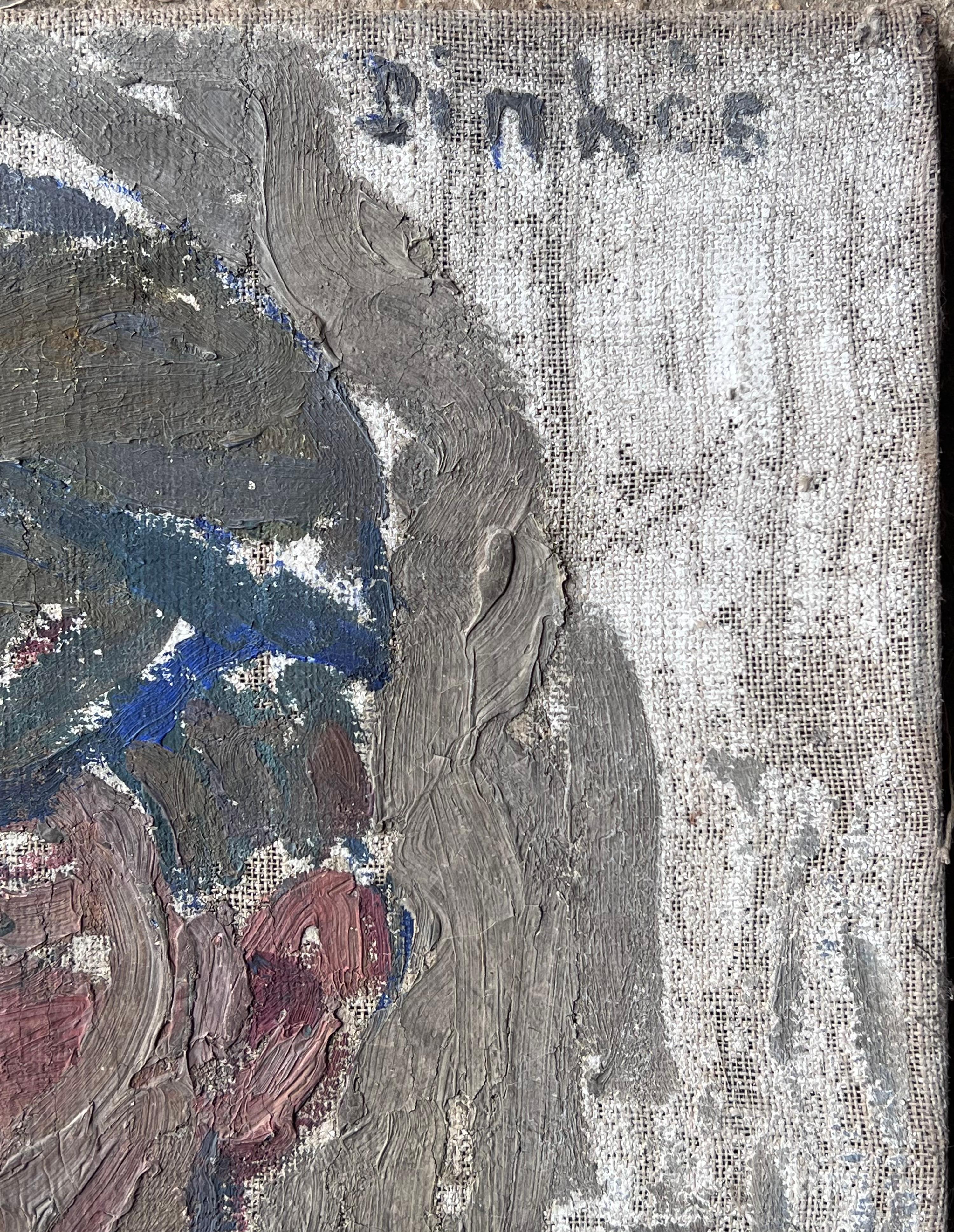 Dapper Young Male In Blue Cap Portrait Mid Century Französisch Impressionist Malerei (Grau), Figurative Painting, von Suzanne Dinkes